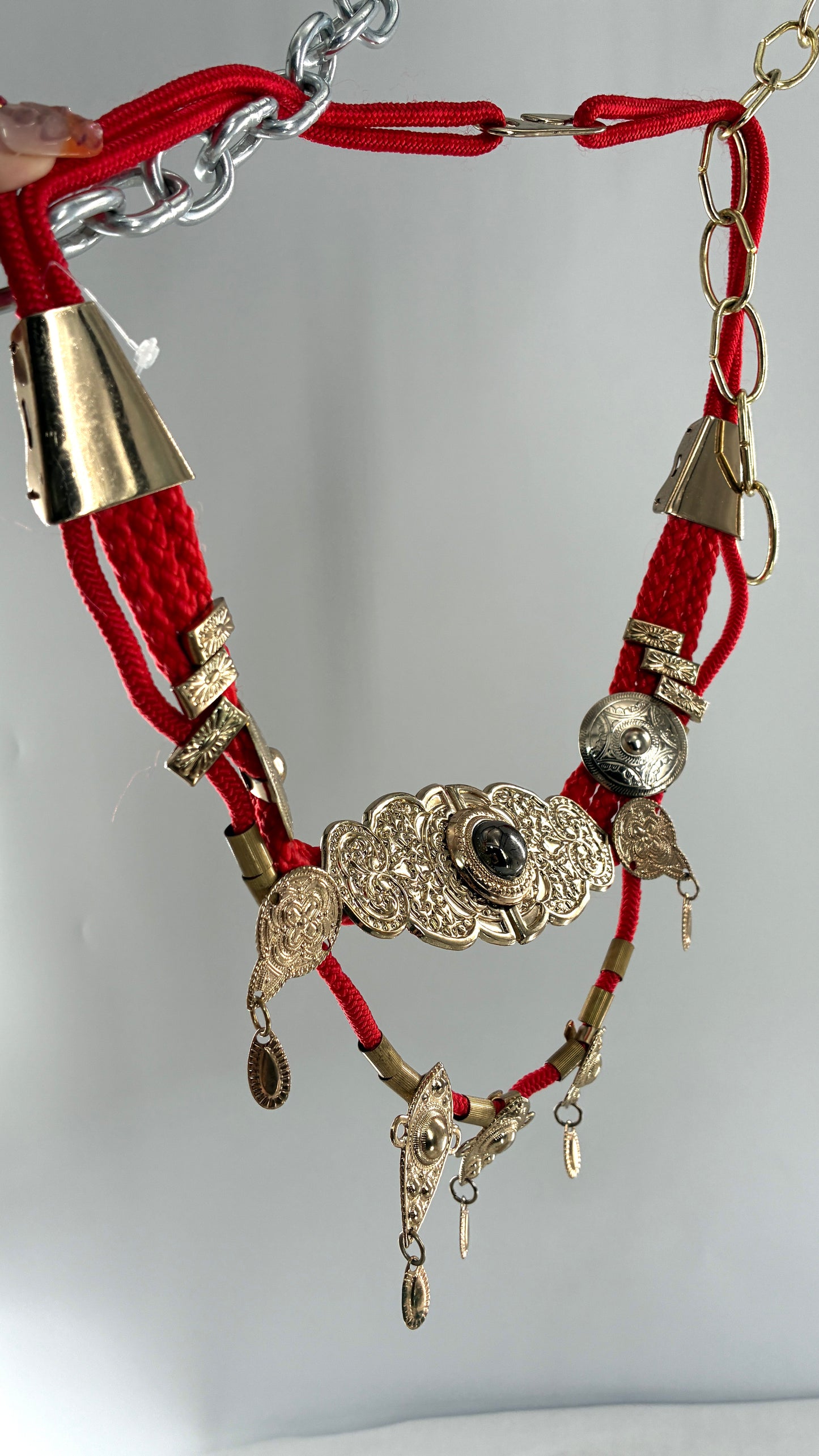 Vintage 1980s Red Rope Belt with Gold Engraved Coins Made in Korea