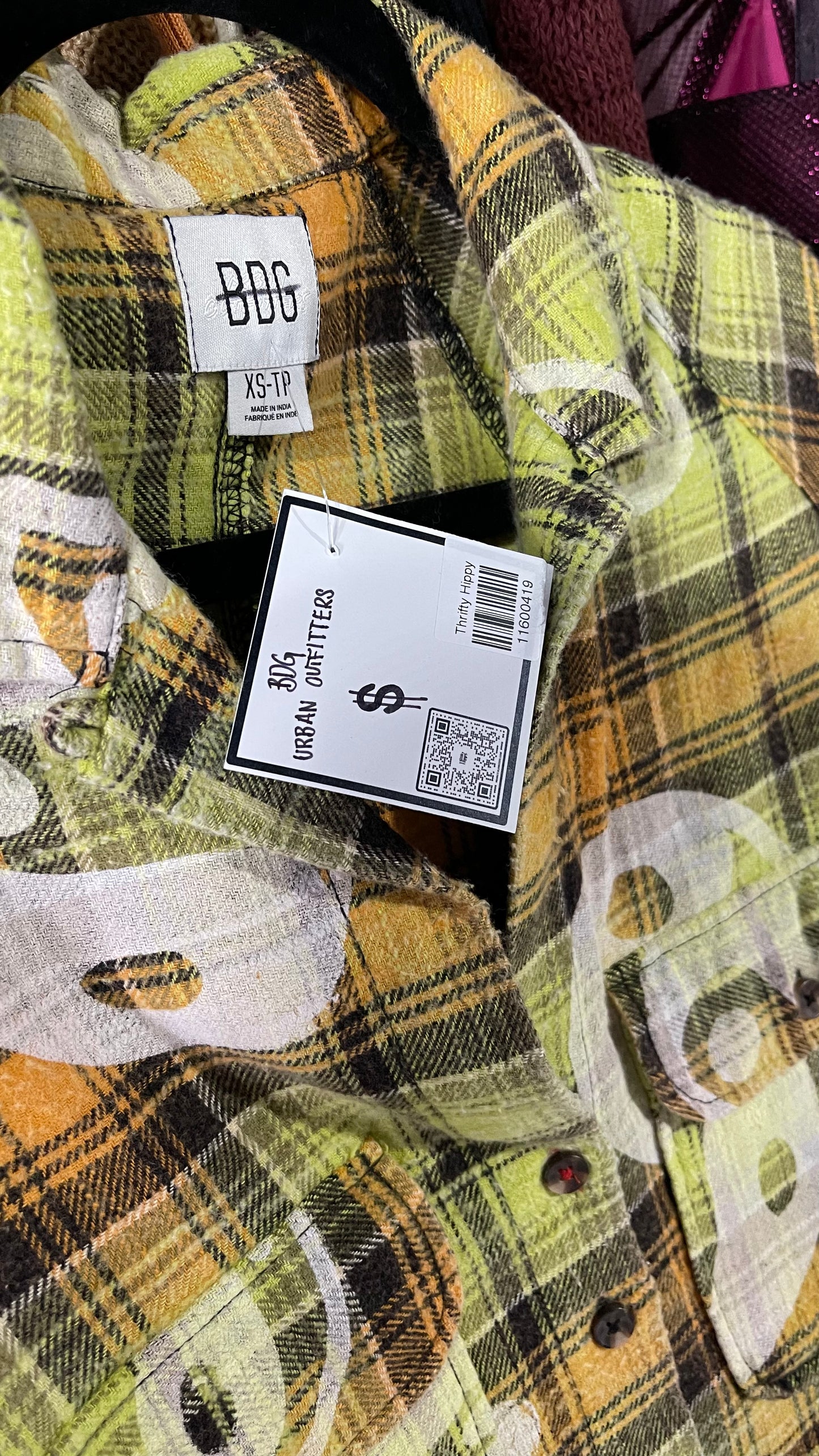 BDG Urban Outfitters Thick Lime Green/Orange Yin and Yang Flannel (XS)