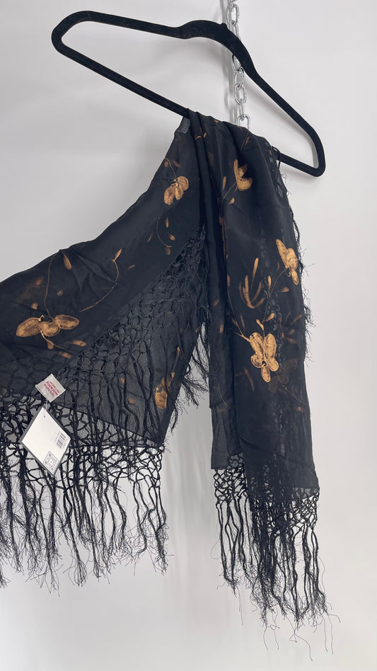 Vintage Black Fringe Scarf with Gold Painted Florals