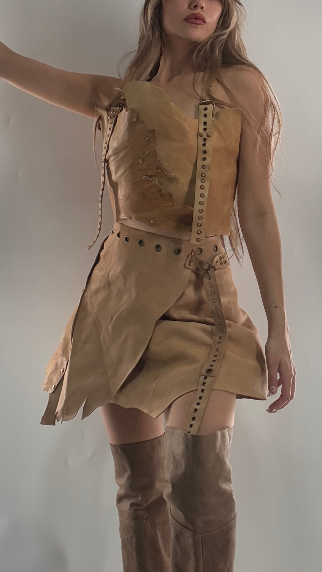 CUSTOM Handmade Rugged and Reversible Distressed Leather Two Piece Set with Grommet Waistband (XS-XL)