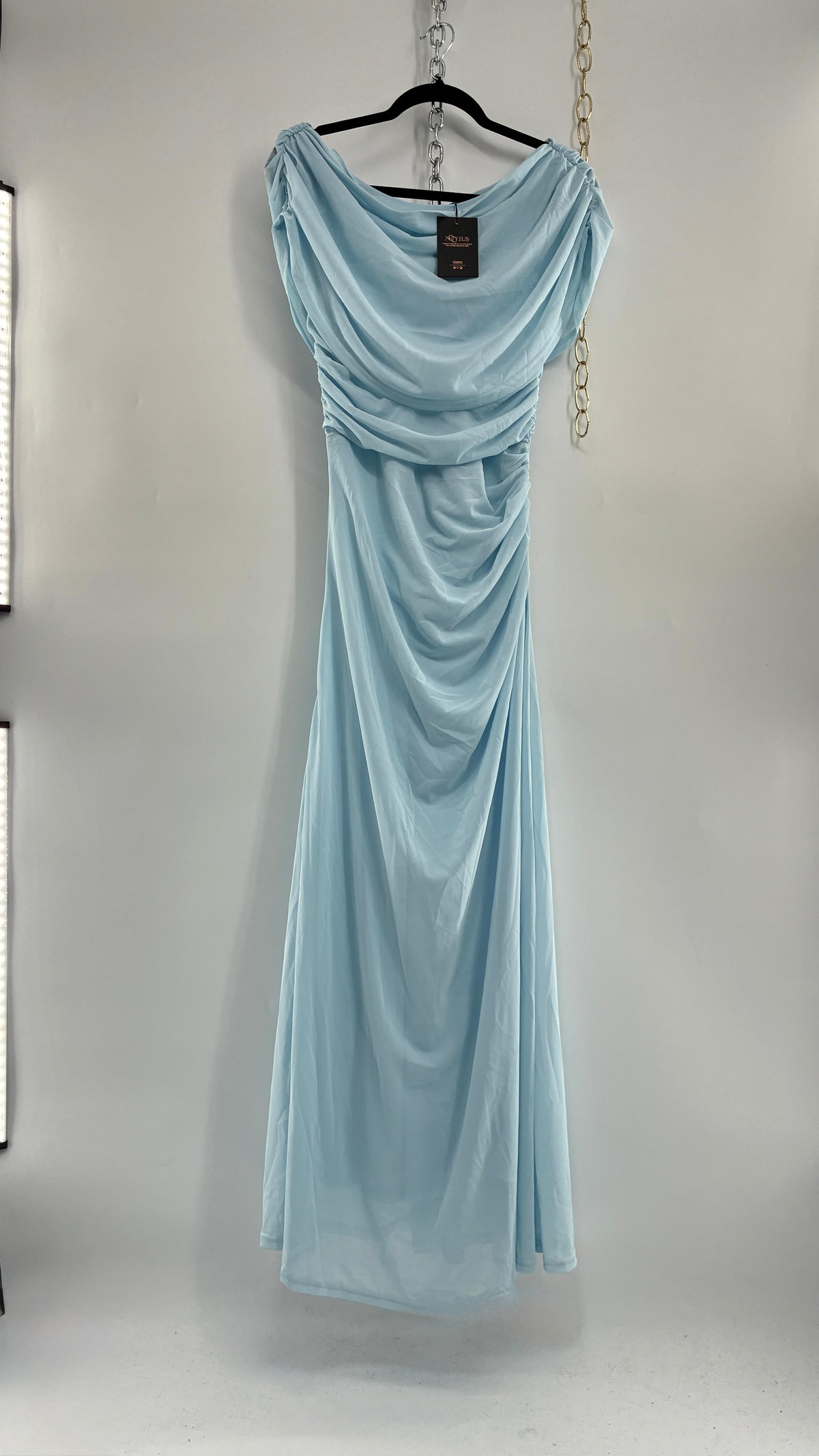 MOOYIUS Baby Blue Ruched Off Shoulder Dress with Tags (Small)