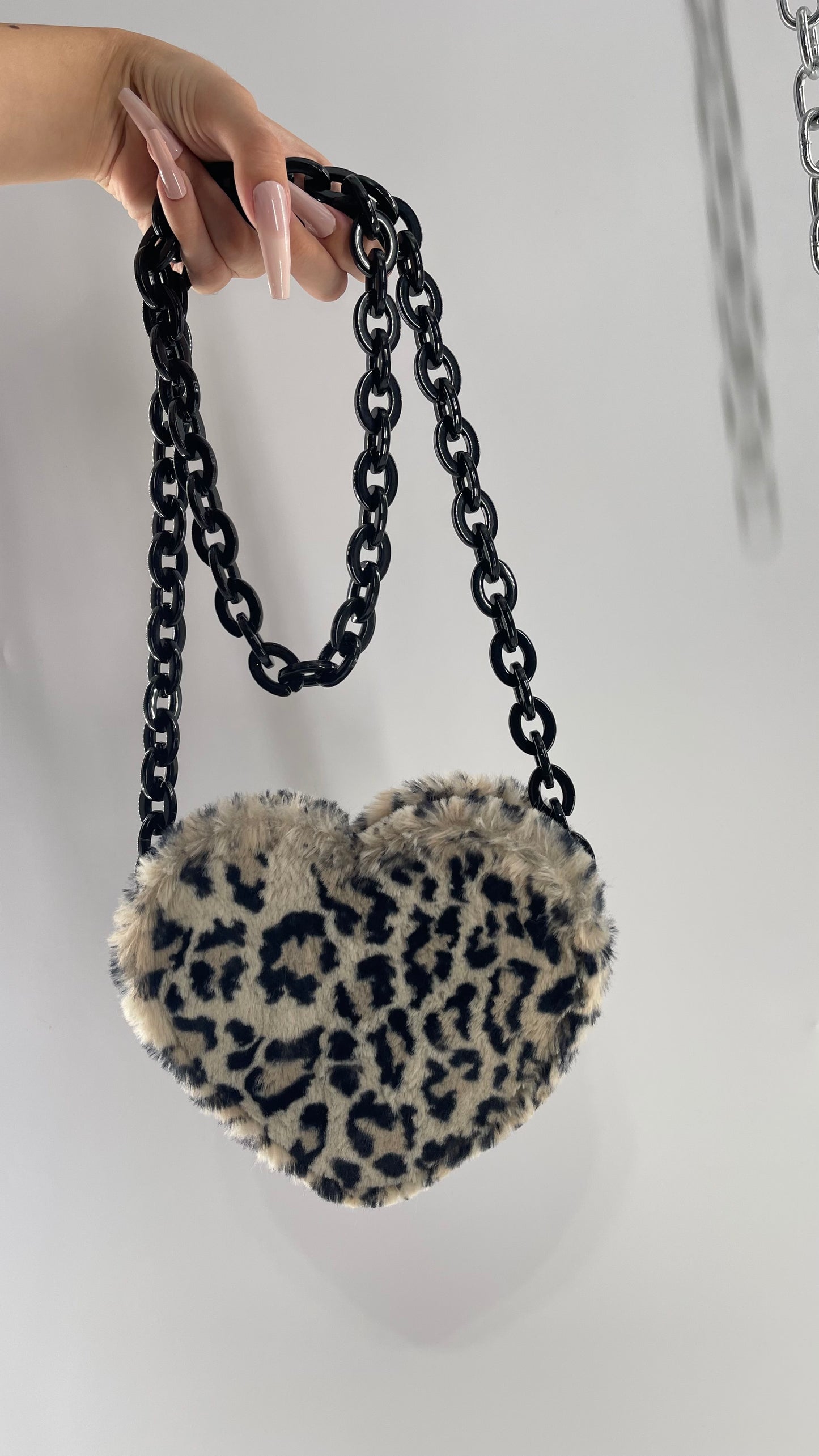 Cheetah Faux Fur Heart Shaped Bag with Black Chain Strap