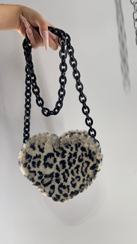 Cheetah Faux Fur Heart Shaped Bag with Black Chain Strap