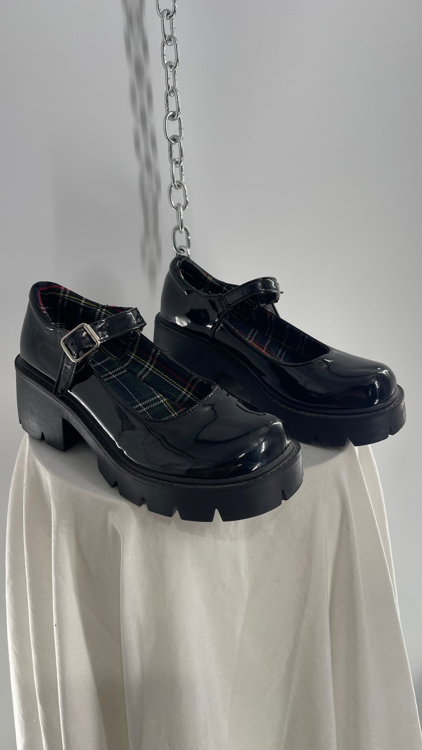 Black Patent Mary Janes with Chunky Platform and Plaid Lining (8)