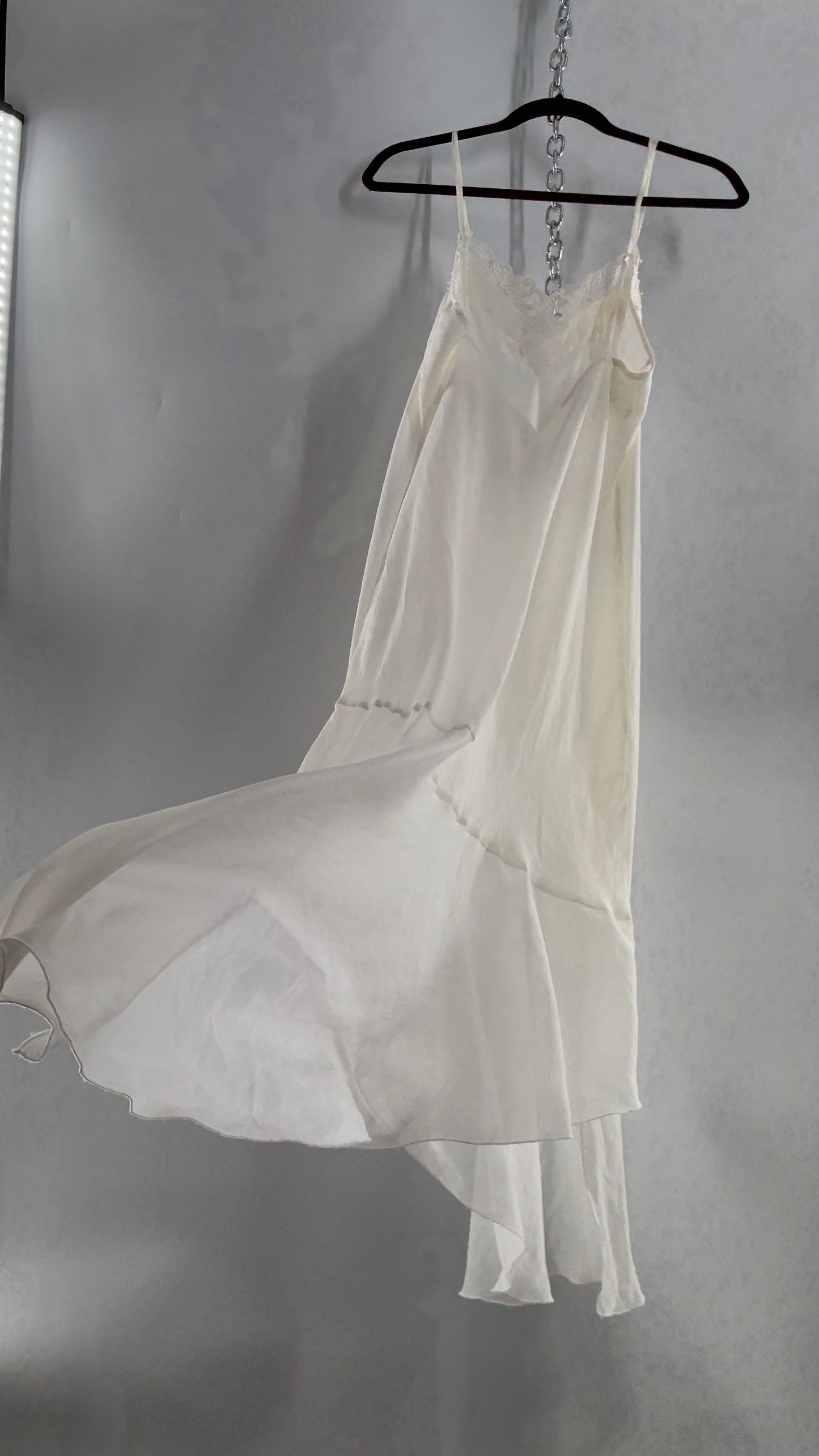Vintage CALIFORNIA DYNASTY Ivory Maxi Slip Nightgown Dress with Sequin Neckline and Handkerchief Hem (Large)