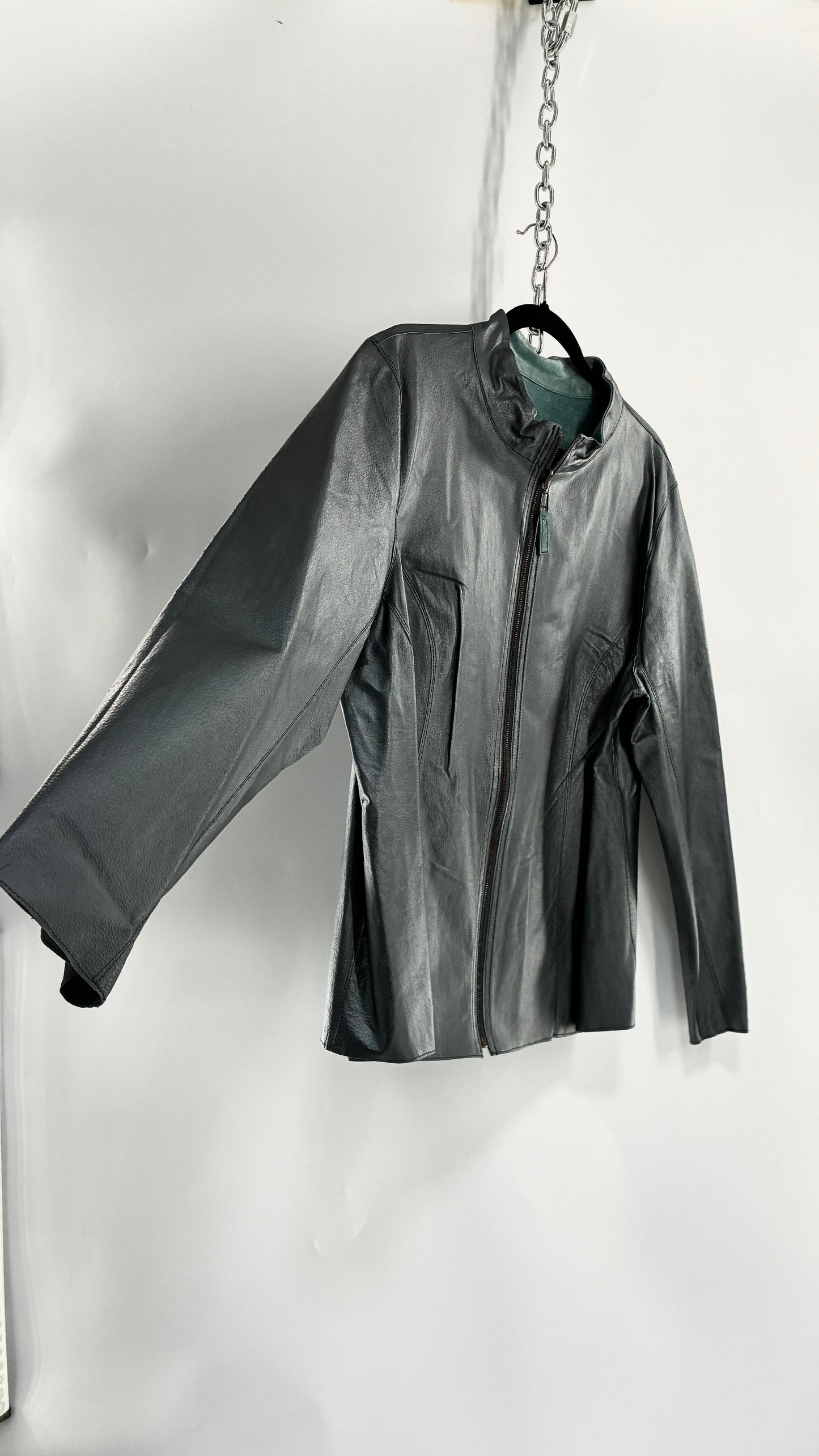 Vintage 1990s Metallic Blue Genuine Leather and Suede Reversible Thin, Zip Up Moto Jacket (XXL)