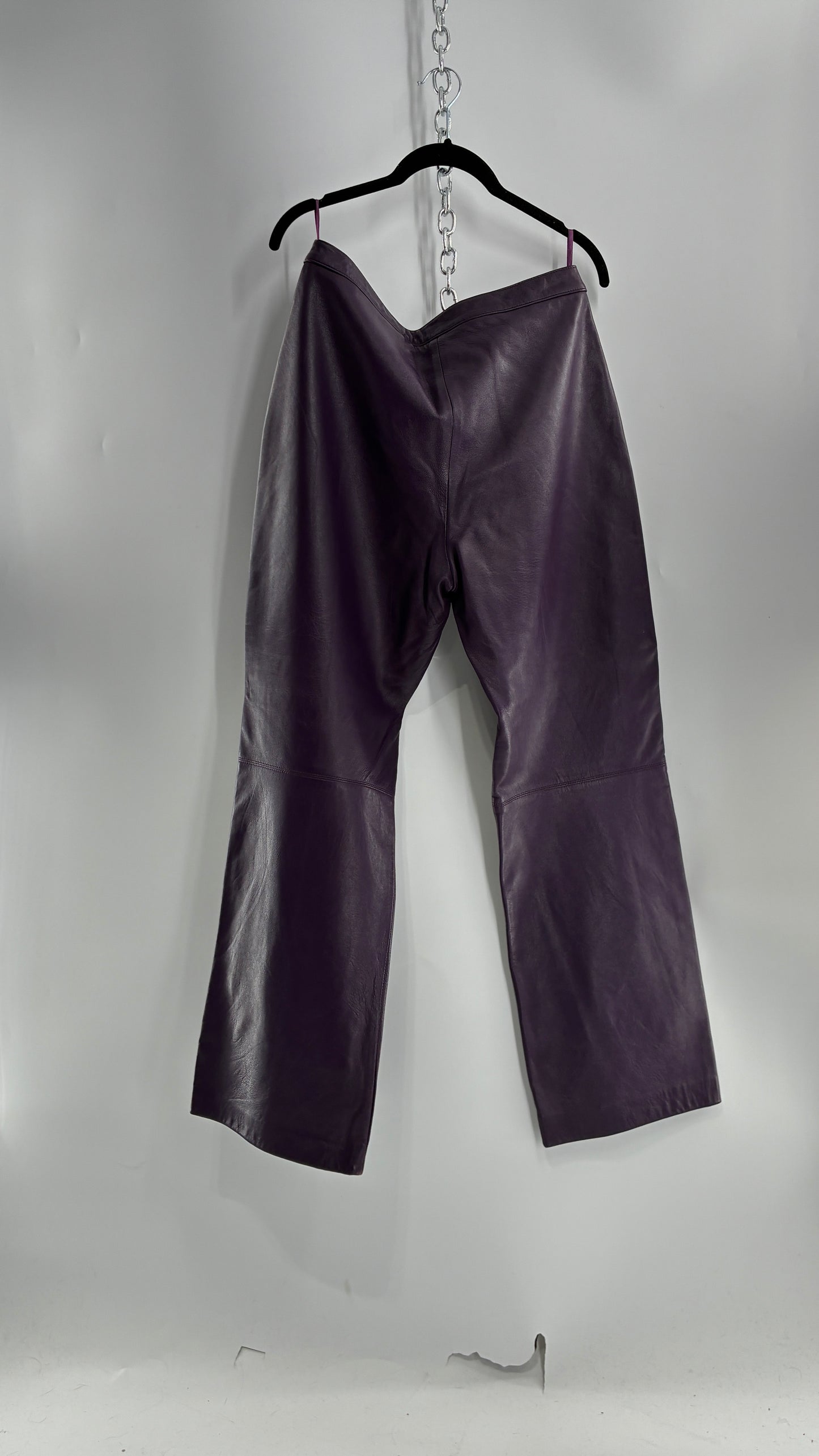Vintage SHIN CHOI Genuine Italian Leather Purple Side Closure Low Rise Pants (12)
