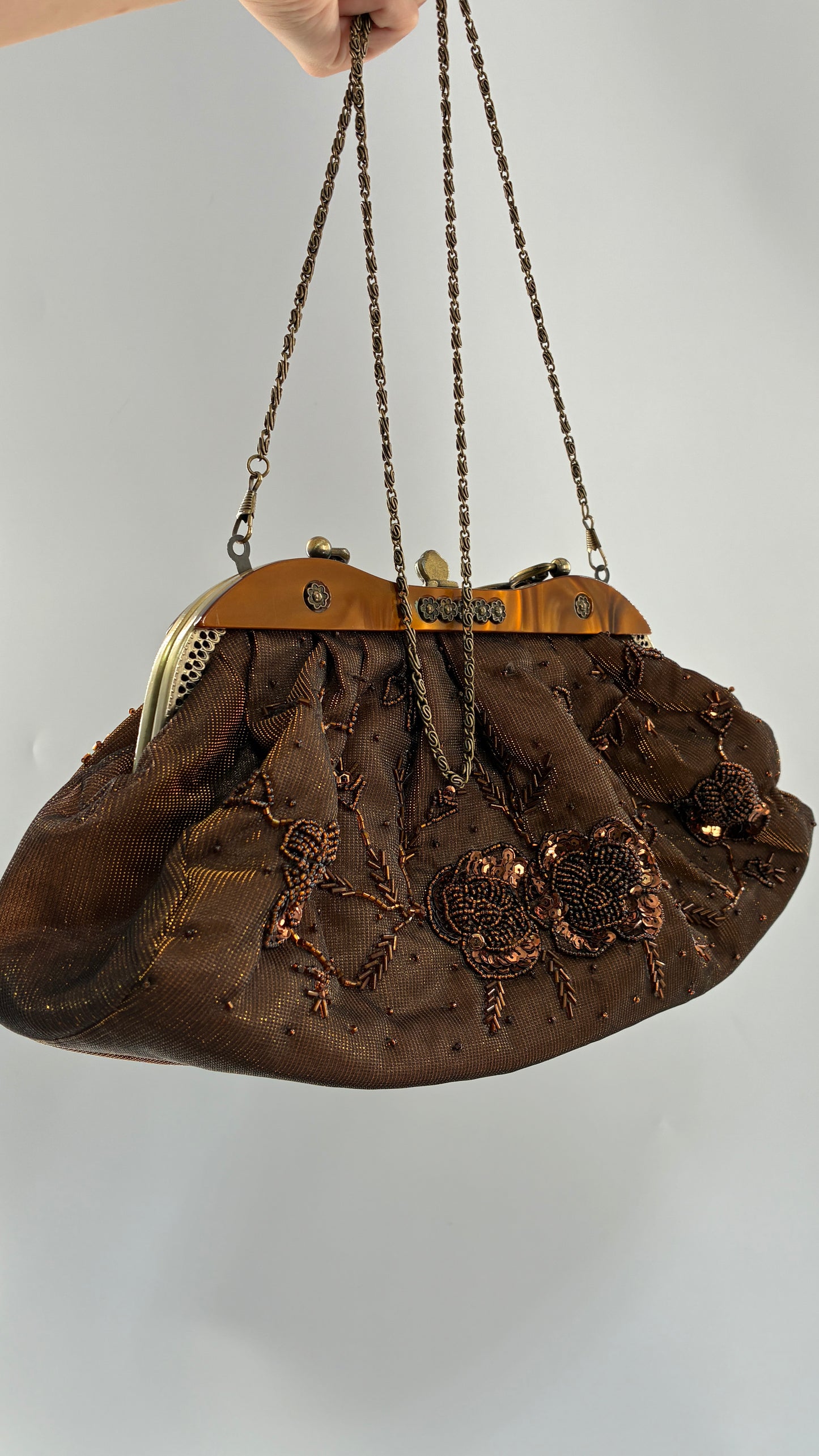 Vintage Brown Beaded and Sequin Purse with Bronze Metal Closure and Iridescent Fabric