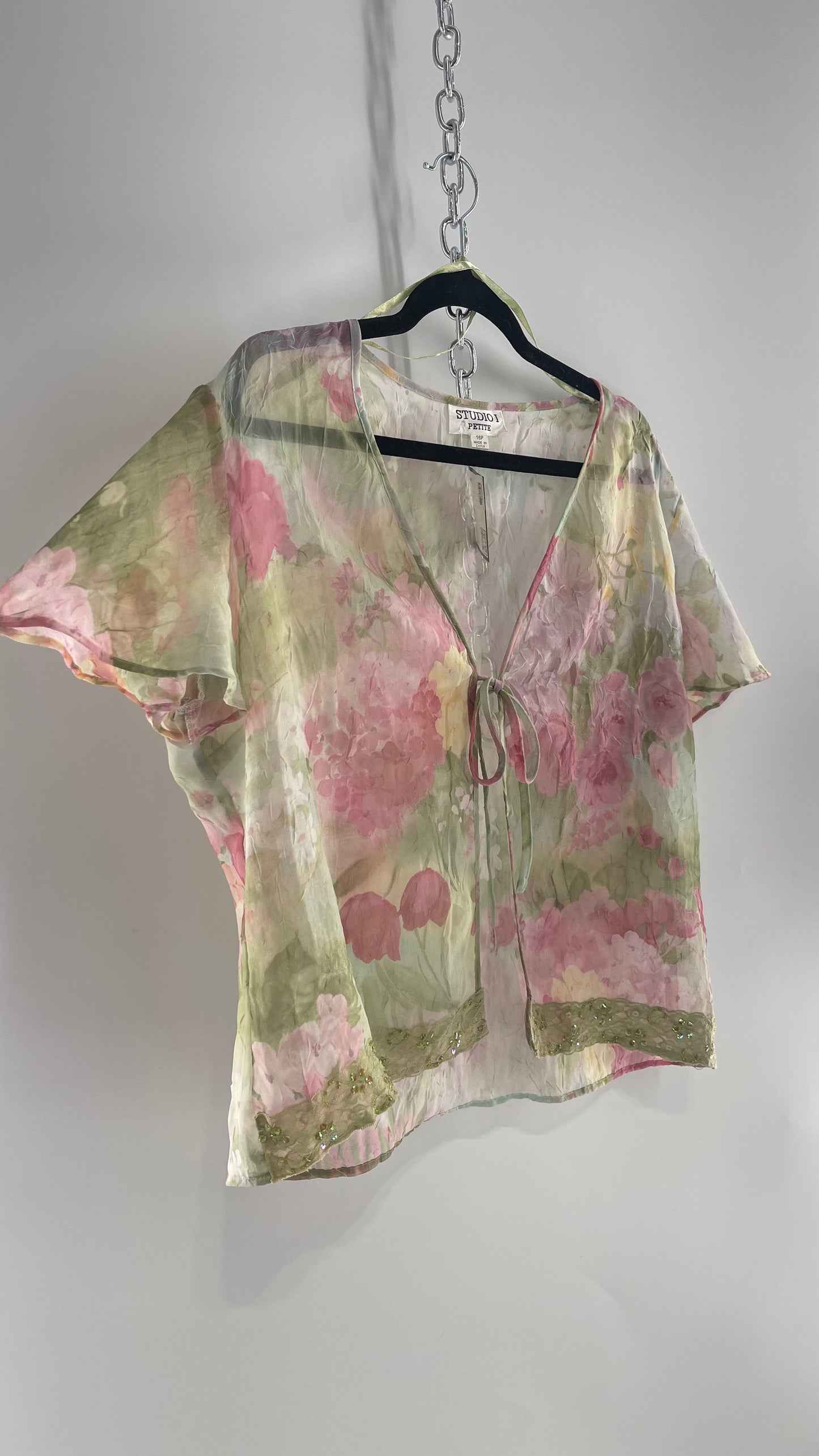 Vintage STUDIO 1 Bow Front Crinkled Floral Blouse Lace Trim Hem (Large)