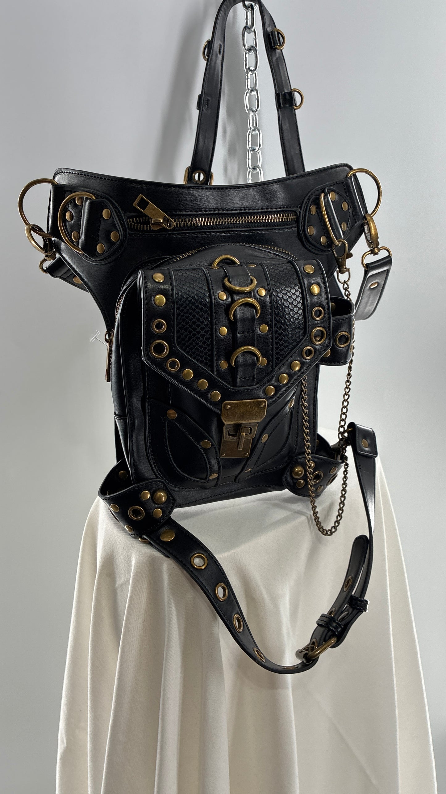 Vintage Bronze Studded, Leather Thigh Strap Crossbody Bag