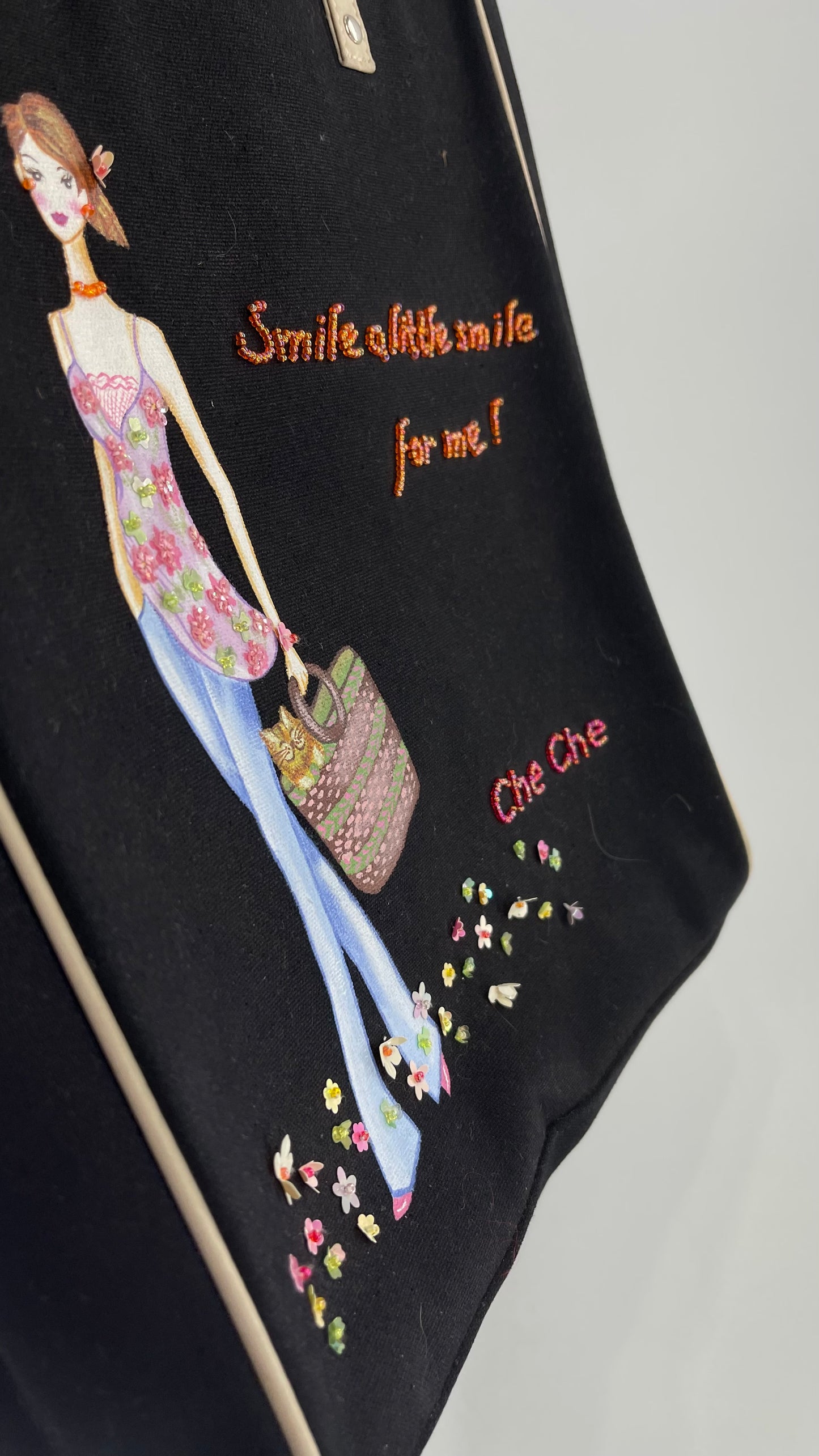 Vintage 1990s Che Che Black Tote Bag with Beaded “Smile a little smile for me!” Motif