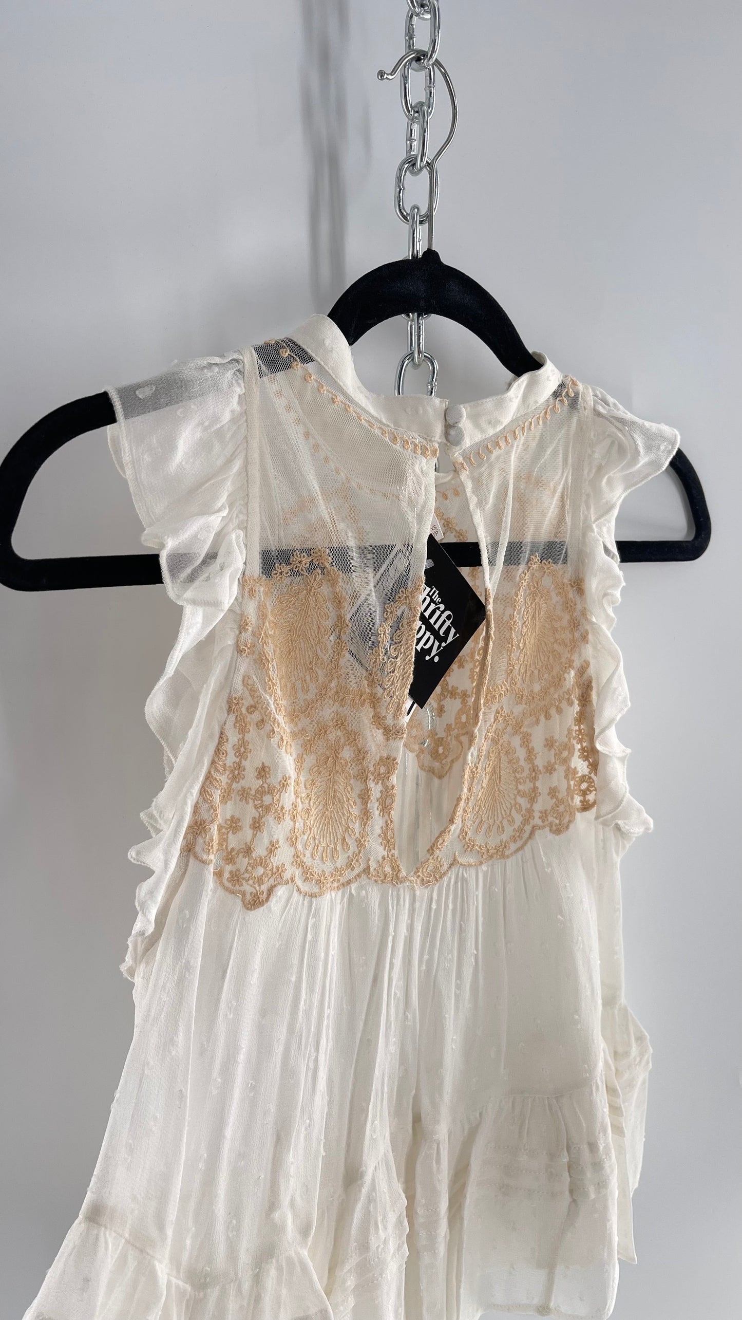 Free People Delicate,Romantic Feminine Sleeveless Blouse with Pleating, Embroidery and Keyhole Back (XS)