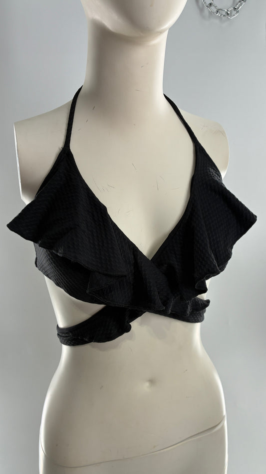 NWOT Aerie Black Wrap Around Ruffled Swim Top (Medium)