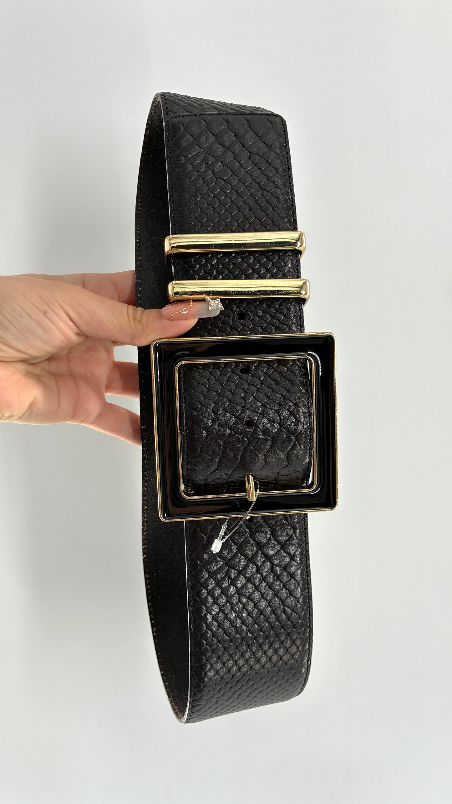 Vintage HIVE & HONEY Extra Wide Black Leather Belt with Oversized Square Buckle (Small)