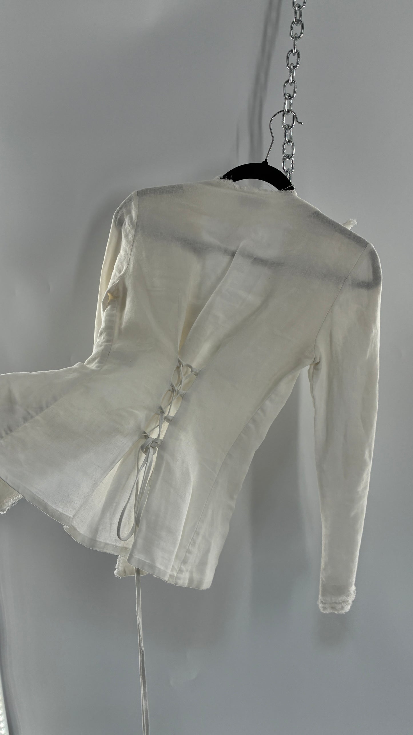 Vintage ANNE FONTAINE Off White Linen Woven Button Up Blouse with Back Corseting, Pearlescent Shell Buttons, and Rosette Details (36)