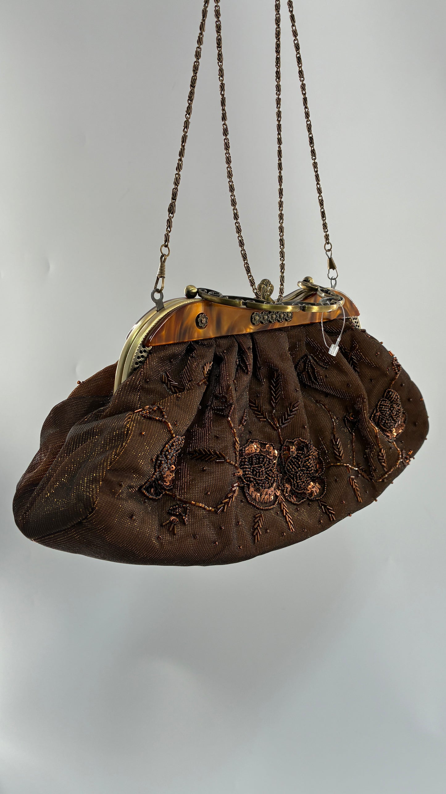 Vintage Brown Beaded and Sequin Purse with Bronze Metal Closure and Iridescent Fabric