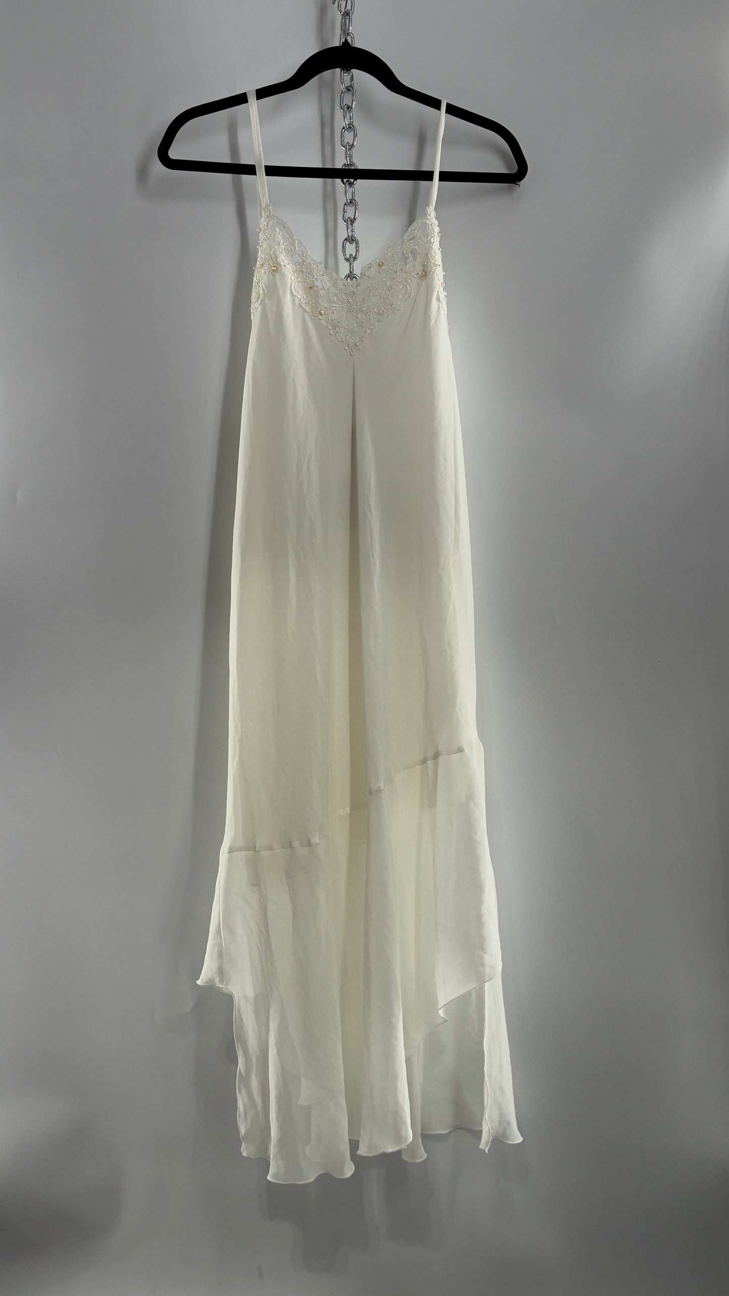 Vintage CALIFORNIA DYNASTY Ivory Maxi Slip Nightgown Dress with Sequin Neckline and Handkerchief Hem (Large)