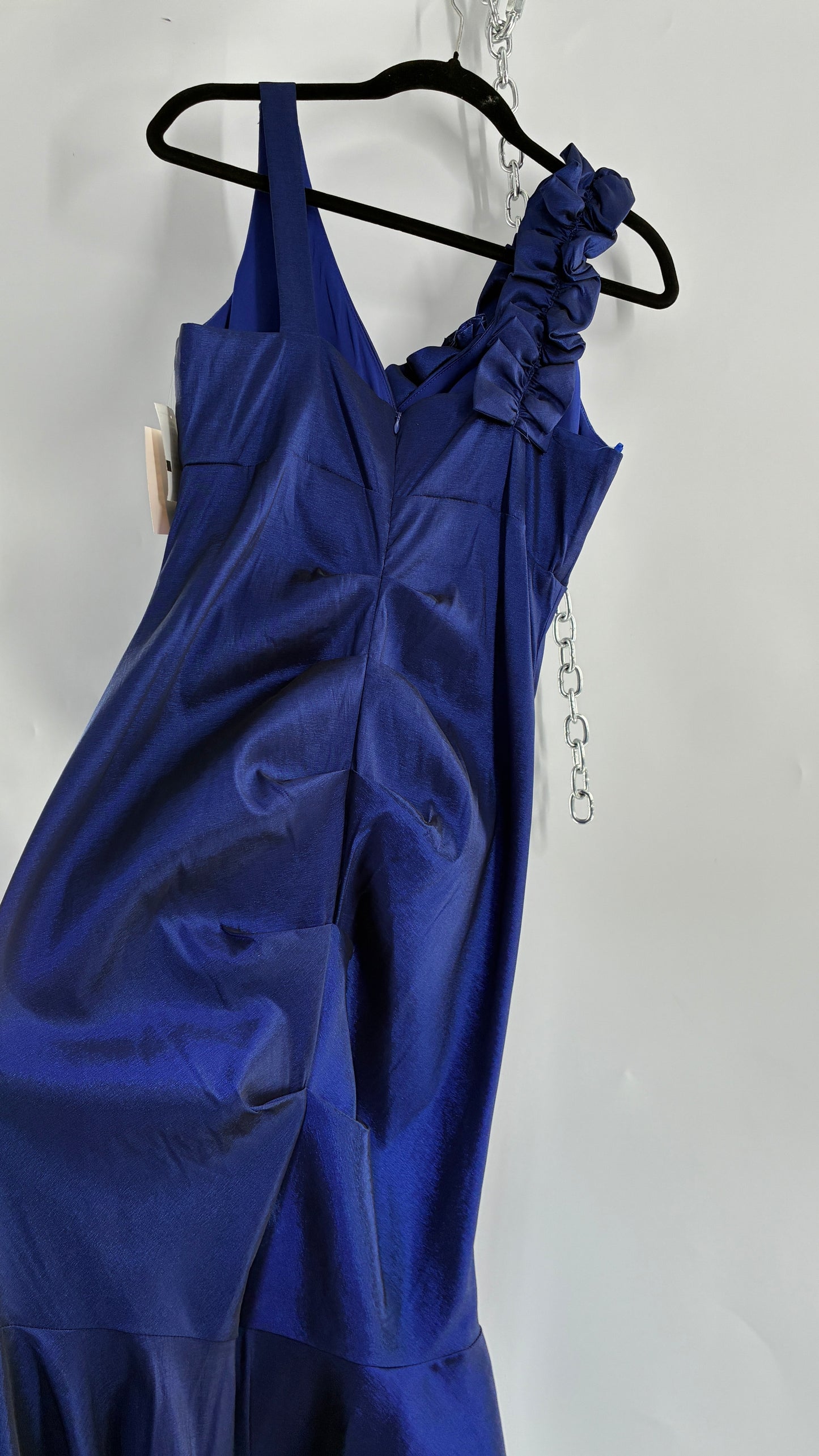 Deadstock Vintage Iridescent Metallic Taffeta Royal Blue Ruched Bodice and Floral Appliqué Gown (12)