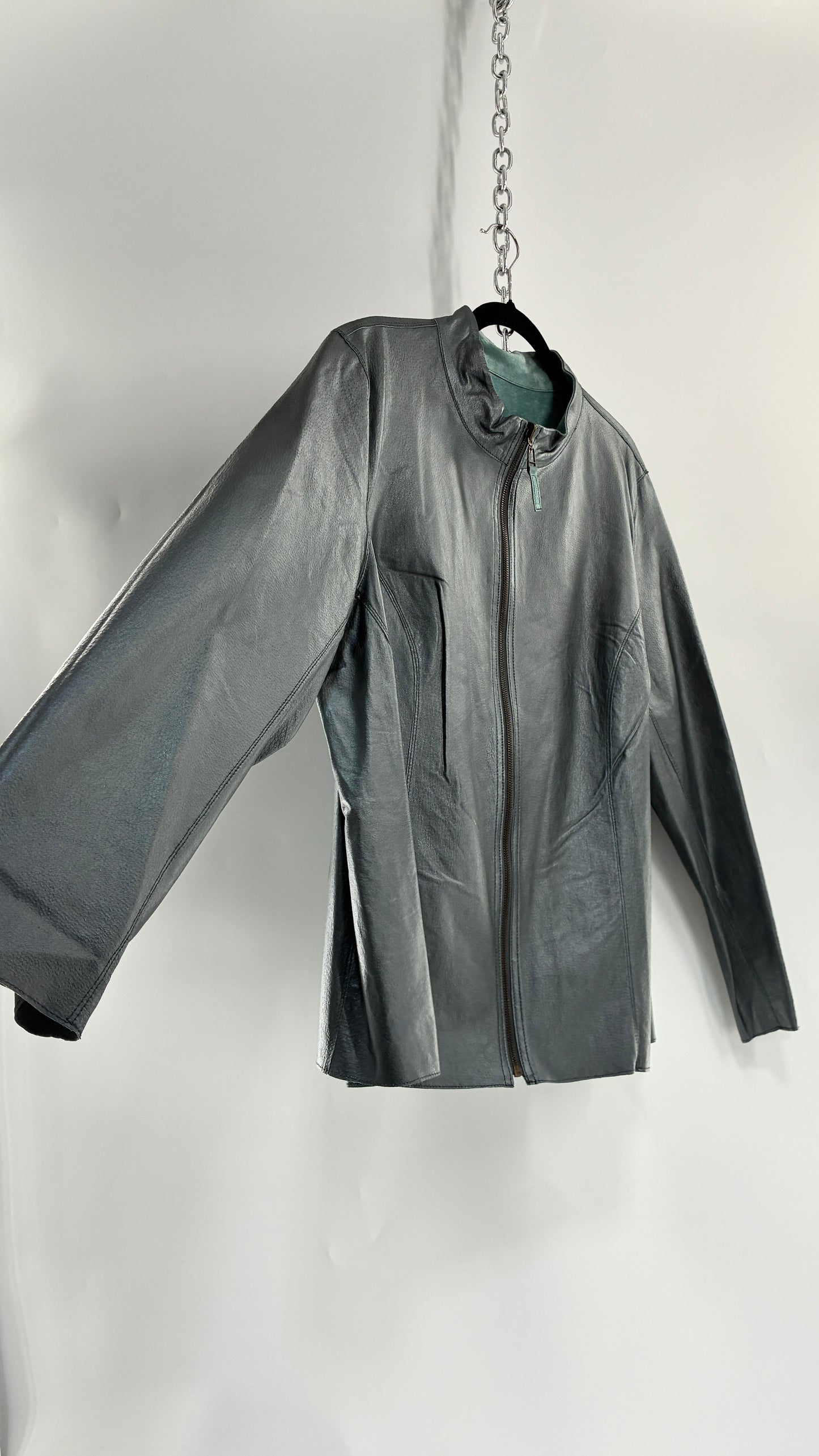 Vintage 1990s Metallic Blue Genuine Leather and Suede Reversible Thin, Zip Up Moto Jacket (XXL)