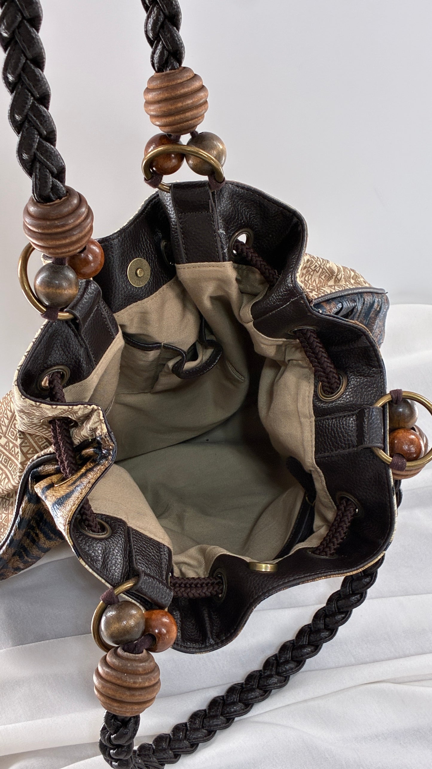 Vintage Oversized Animal Print Slouchy Bag with Braided Leather Strap and Beaded Details