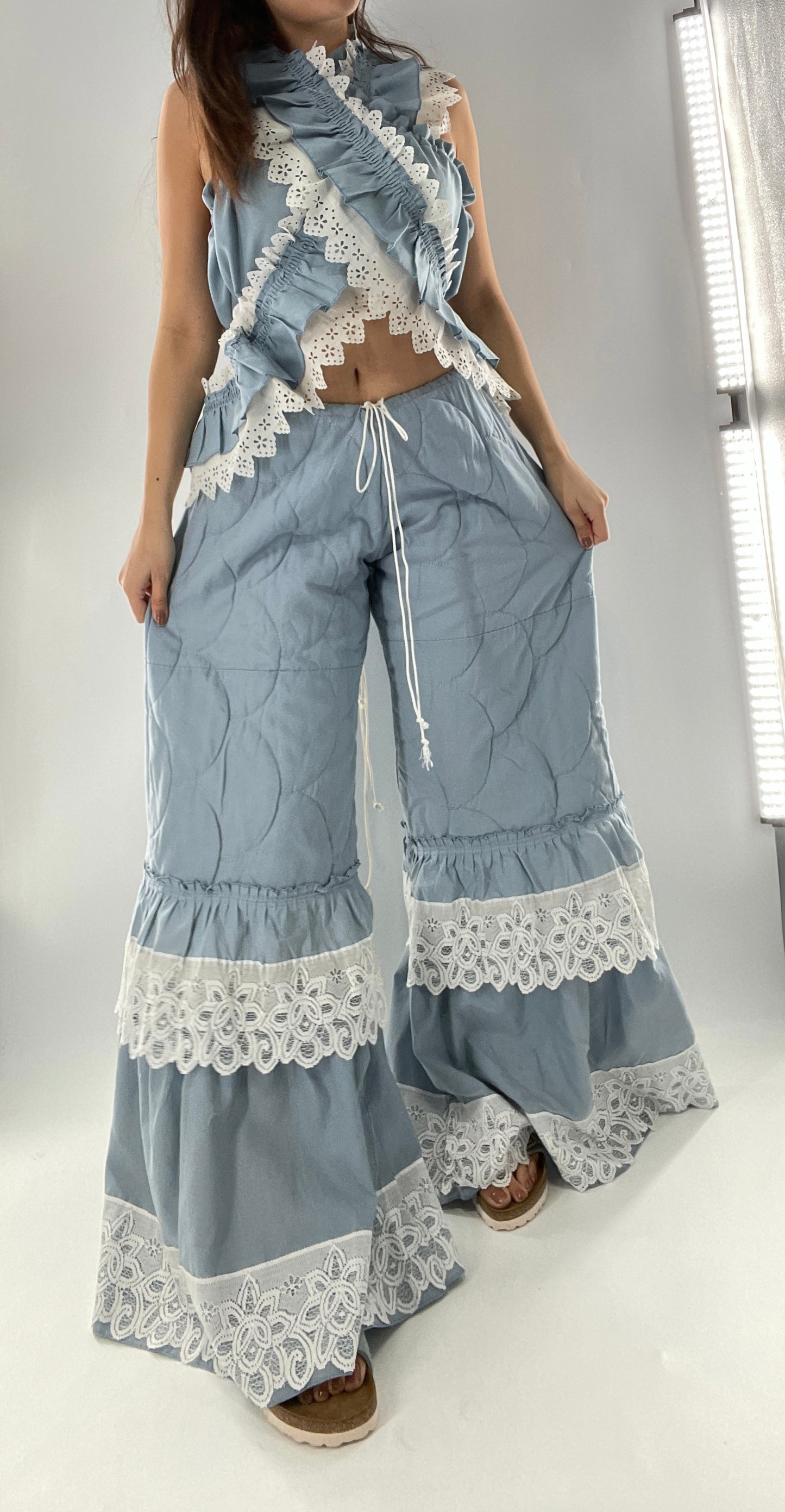 Vintage 2 Piece Powder Blue Set Featuring 2Way Blouse and Quilted Trousers Covered in Ruffles, Lace and Trim (One Size)