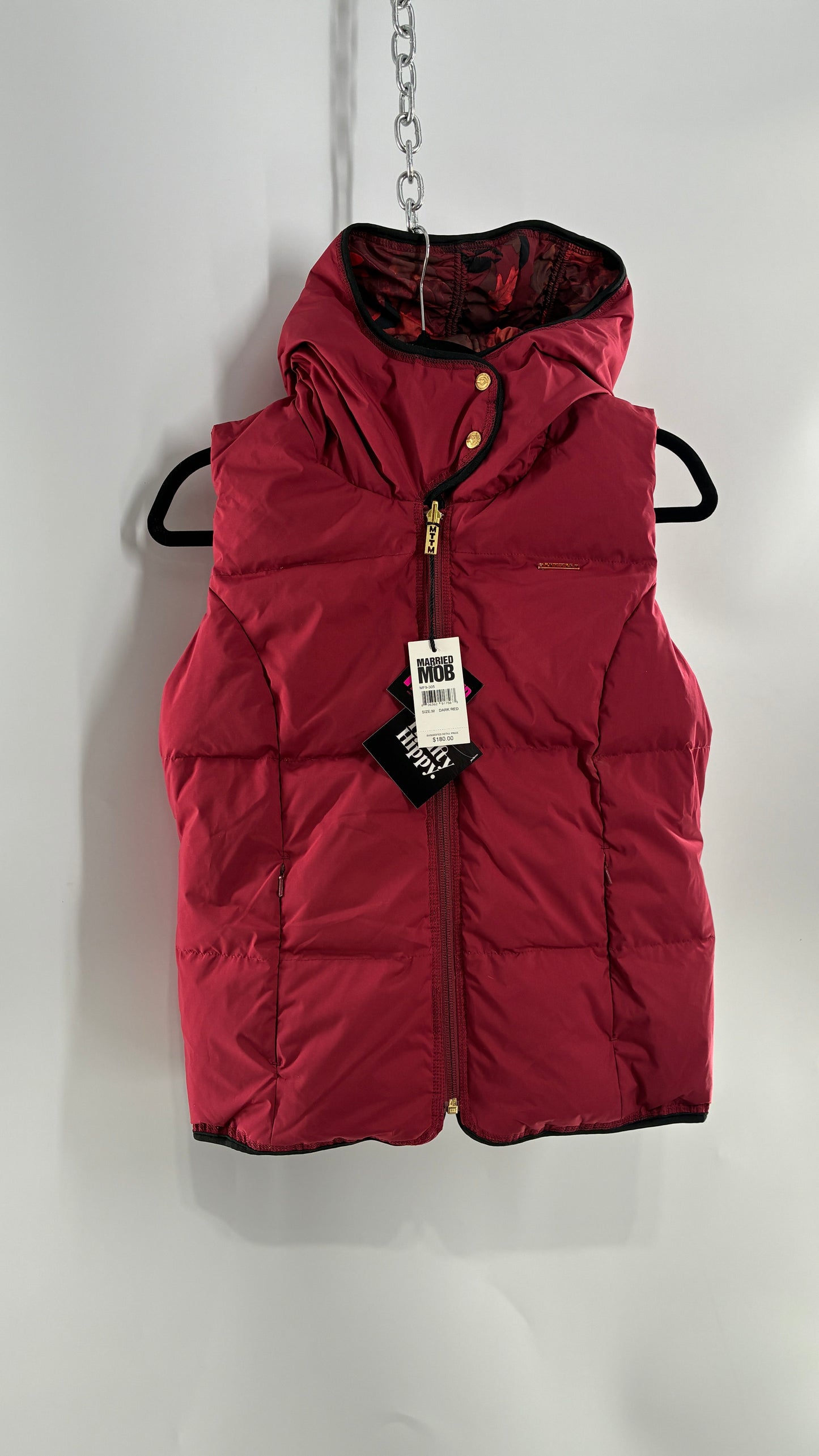 Vintage MARRIED TO THE MOB Reversible Maroon Duck Feather, Down Vest (Medium)