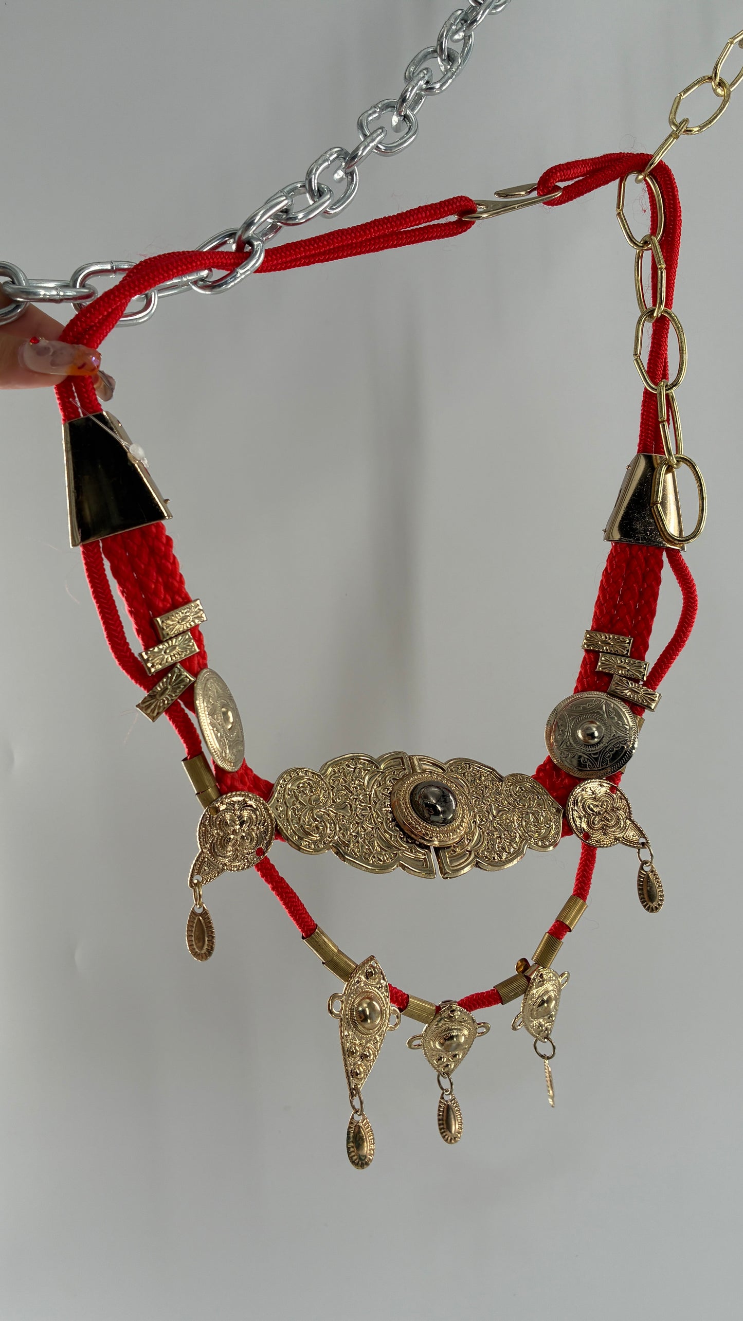 Vintage 1980s Red Rope Belt with Gold Engraved Coins Made in Korea