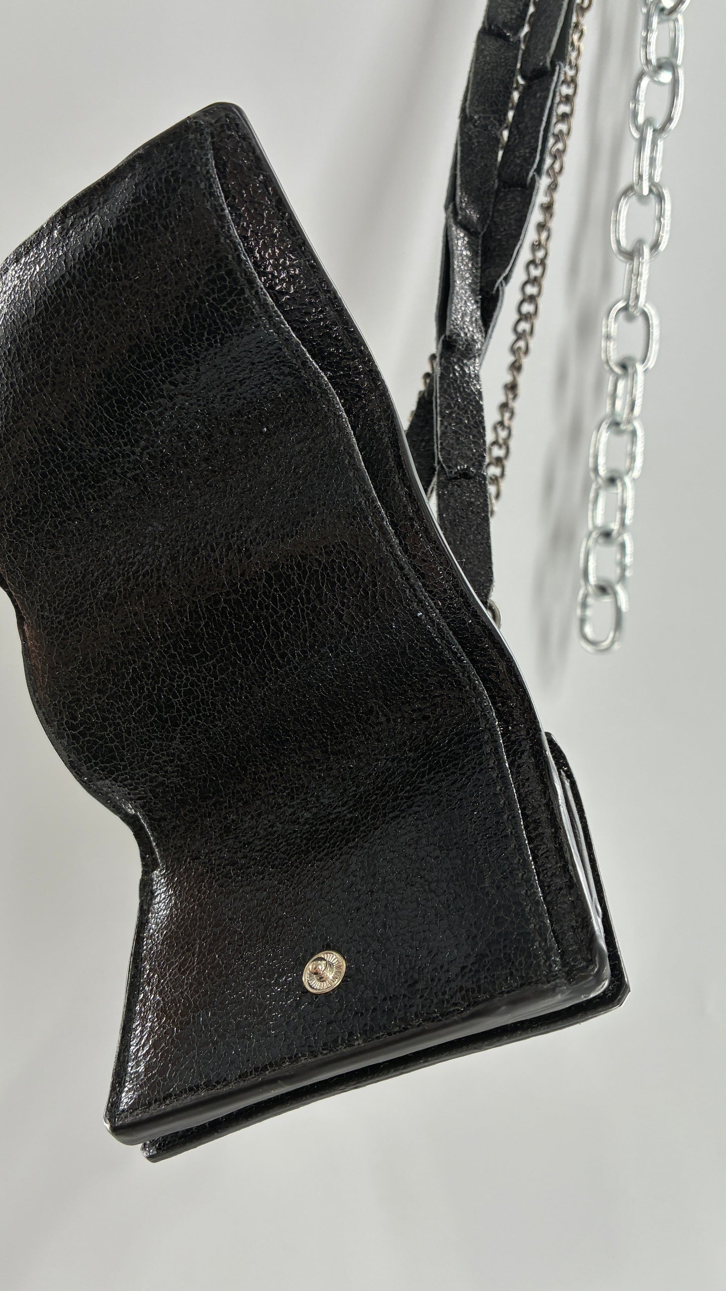 Free People Black Metallic Goat Leather Wallet with Leather and Chain Straps