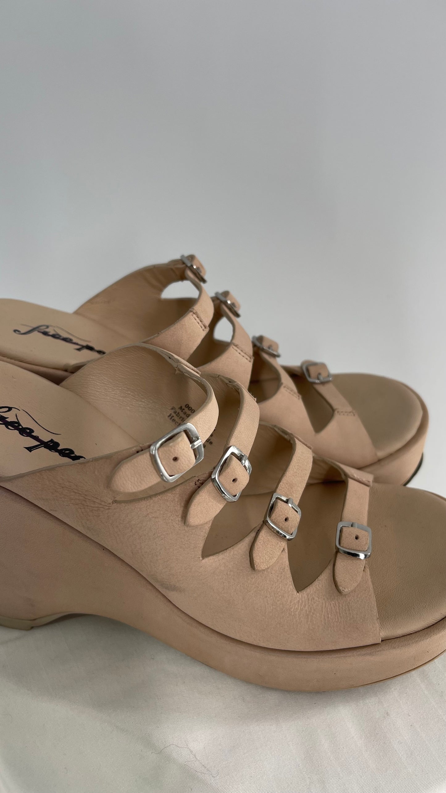 Free People Huffman Beige/Tan Leather Wedge Multiple Buckle Heel (37)