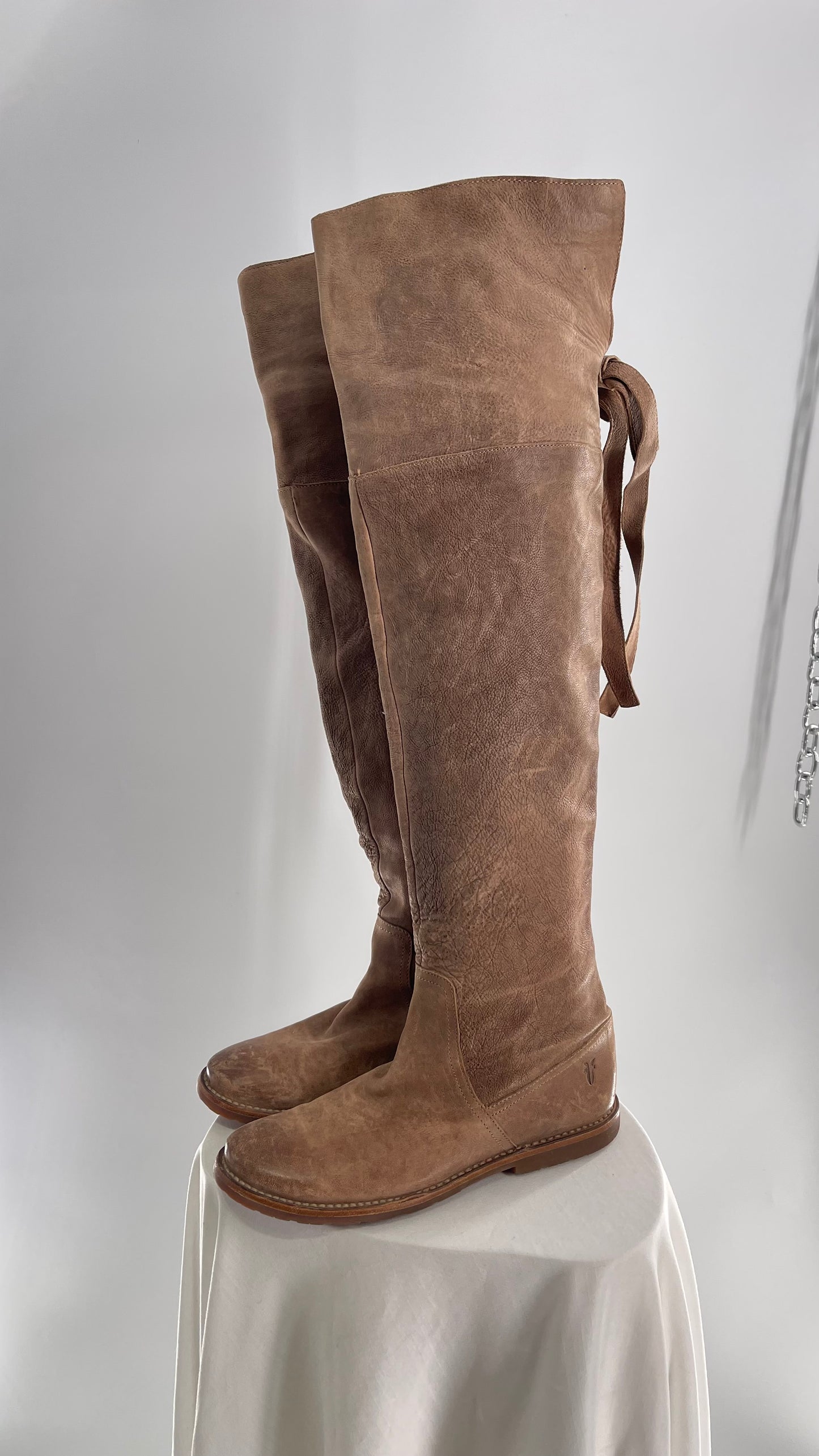Frye Taupe Leather Over the Knee Fold Over Celia Boots (8)