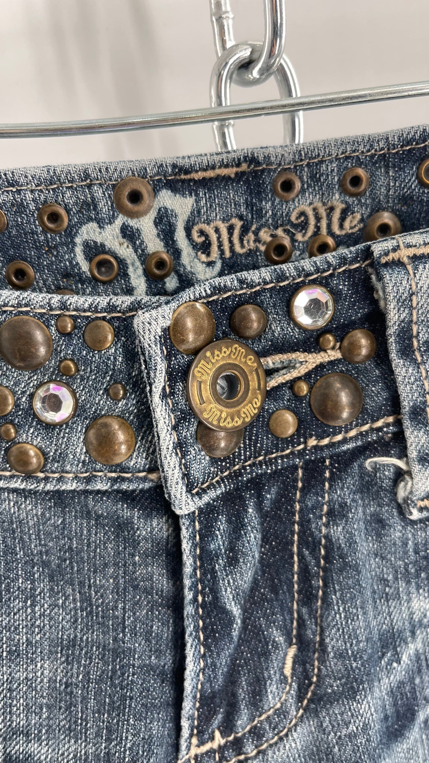 Vintage Miss Me Grainy Stone Wash Kick Flares with Studded Low Waist and Back Pockets (26)