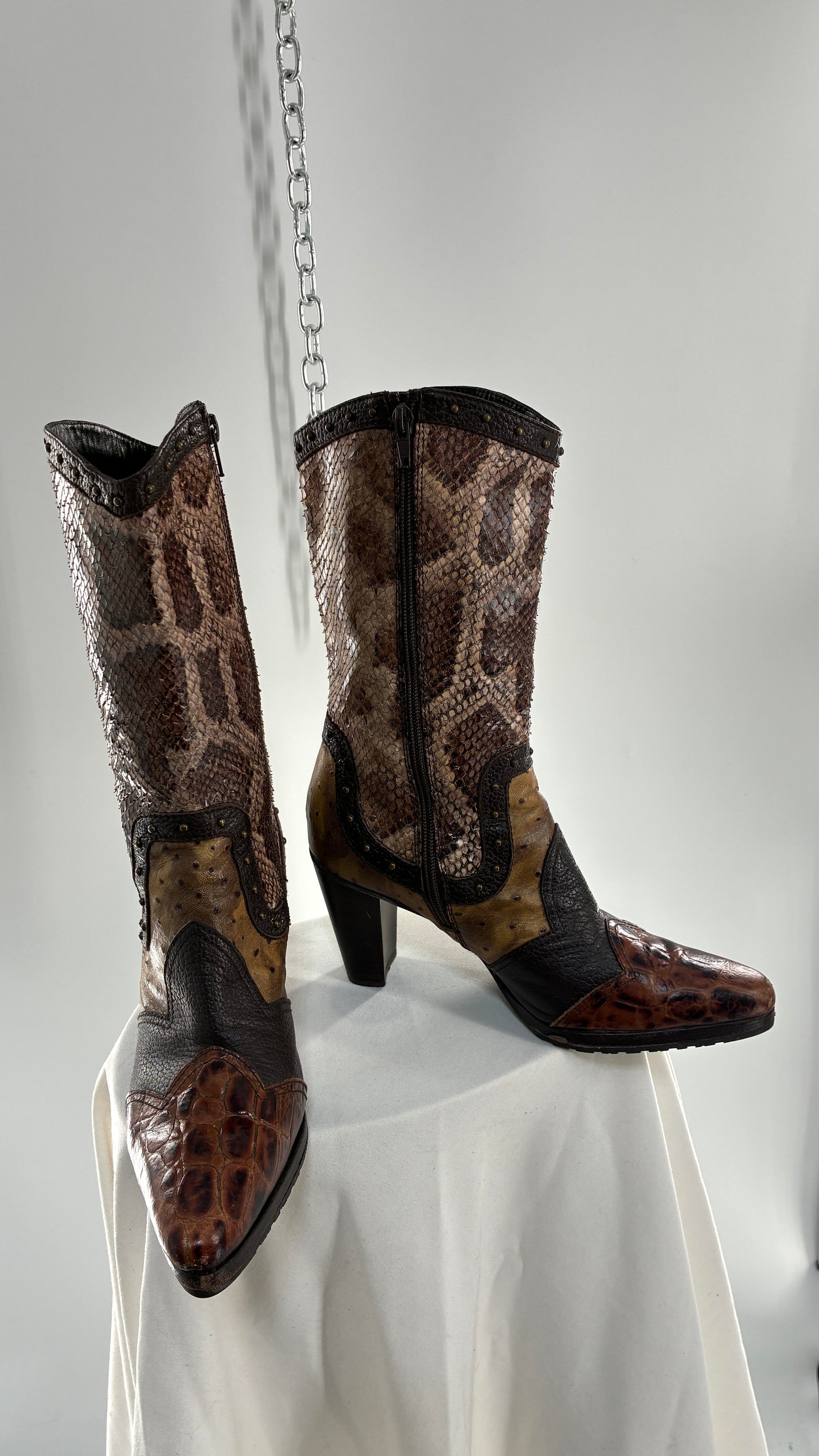 Vintage STUART WEITZMAN Stampede Boots Ft Snake, Crocodile and Ostrich Embossed Leather (8.5)