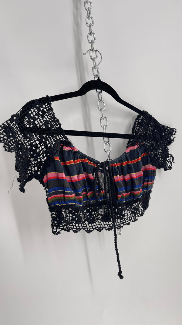 Free People Black Crochet Sleeve and Waistline Striped Bustier (XS)