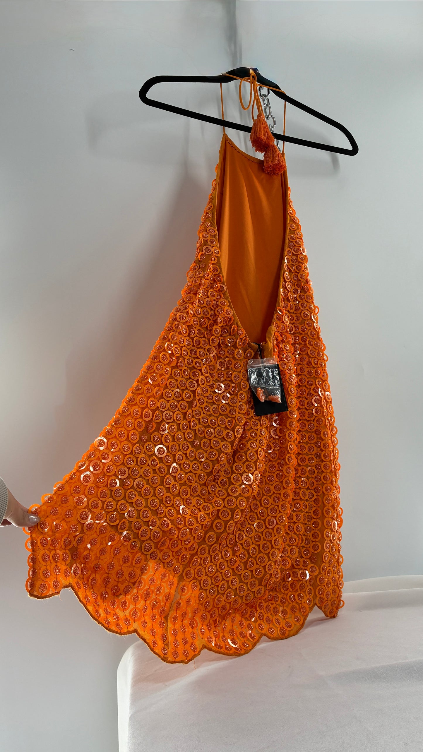 X by NBD Orange Backless Halter Mini Dress with Scalloped Hem, Covered in Beads and Sequins (Medium)