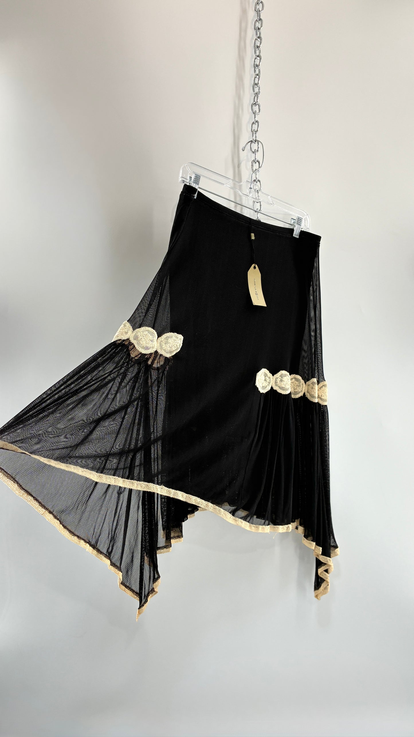 Deadstock MAXSTUDIO 100% Silk Black Skirt with Lace Trim (Small)