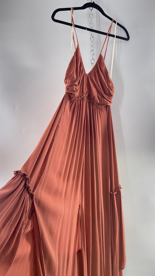 Free People Terracotta/Apricot Toned Voluminous Gown with Open Cut Out Sides and Low, Open Back (Large)