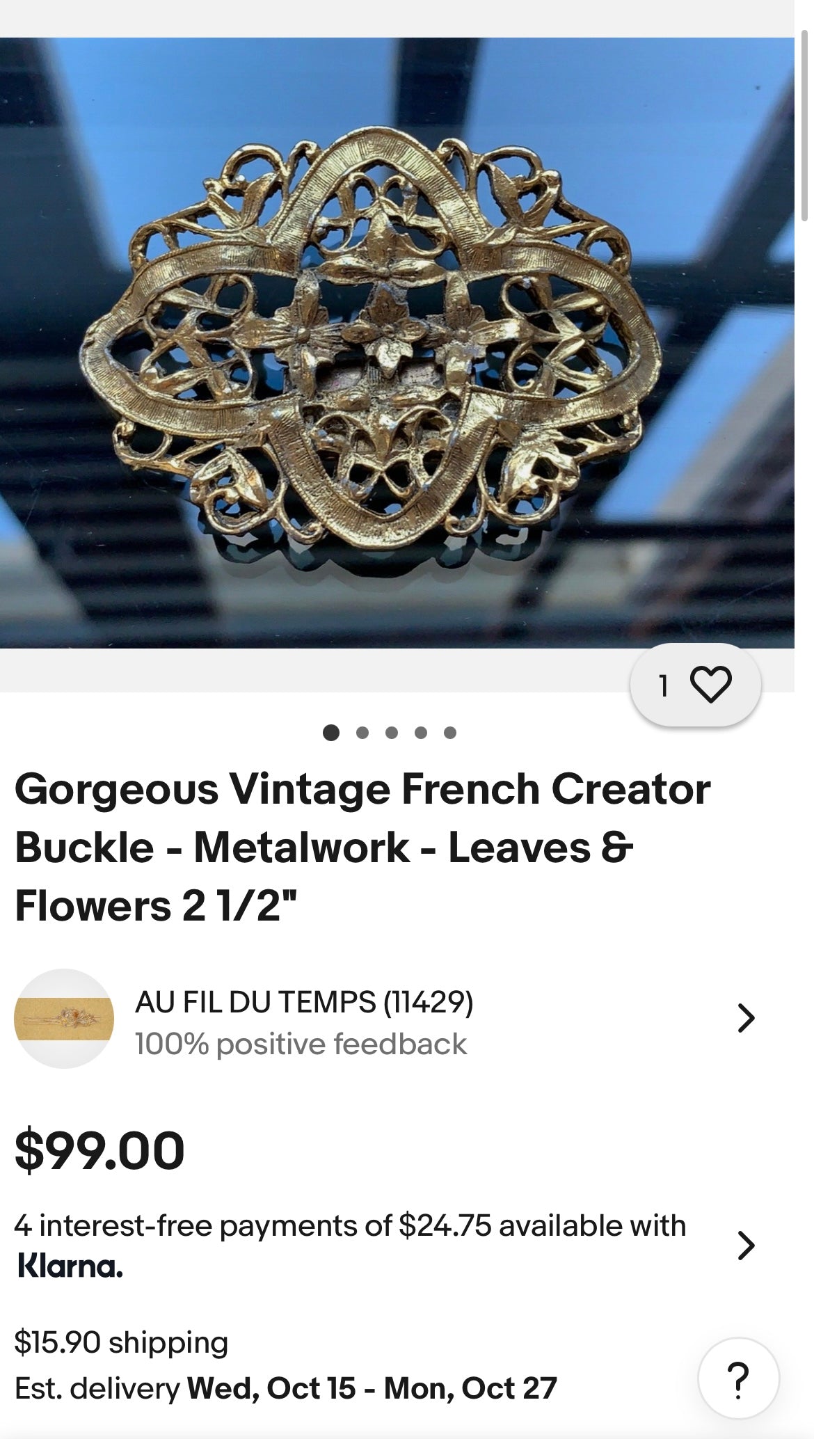 Vintage MUSI Ornate Gold French Buckle Clip with Engraved Flowers and Leaves