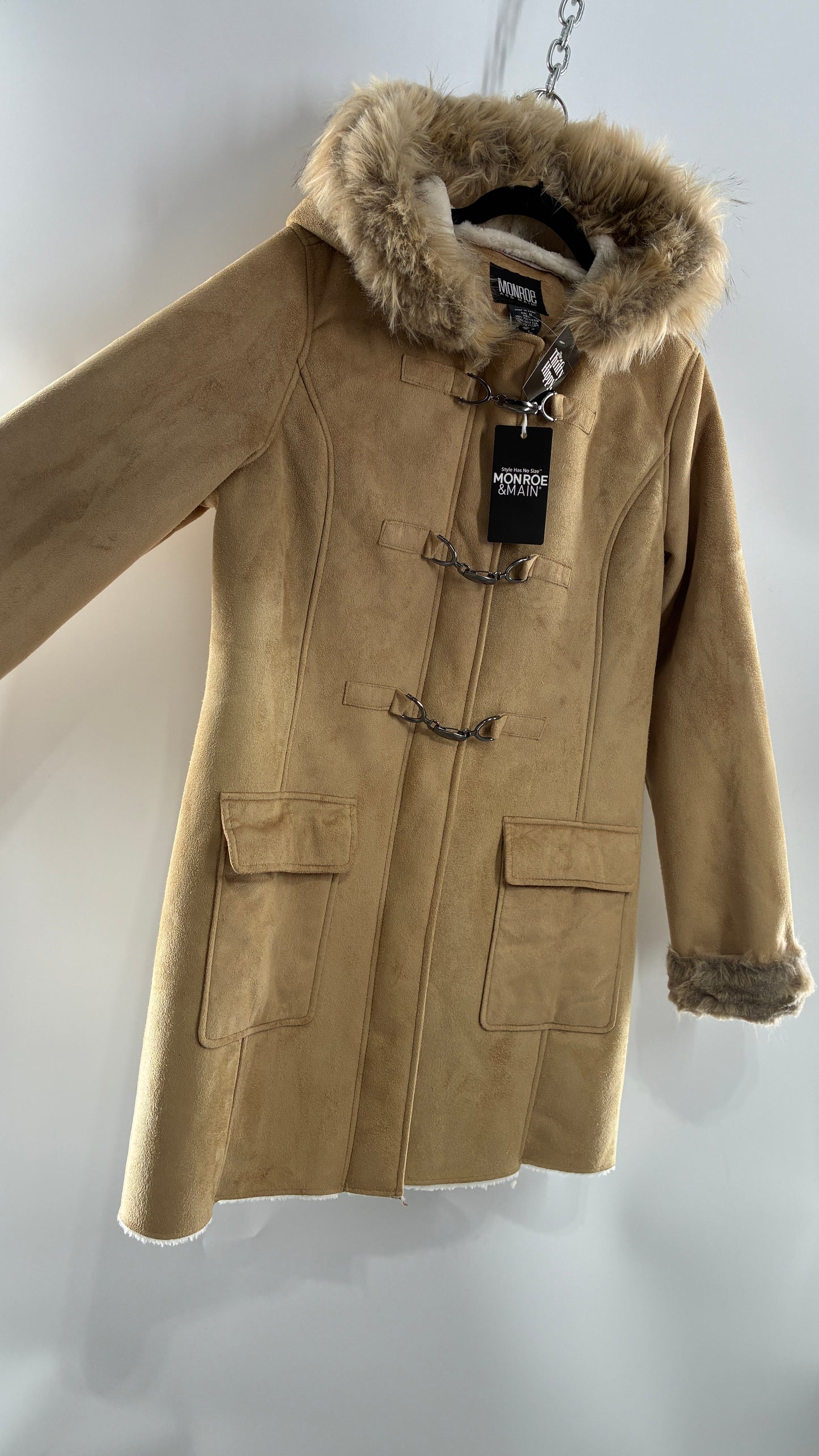 Deadstock Vintage MONROE AND MAIN Vegan Suede Coat with Fur Cuffs and Hood, Tags Attached (Medium)