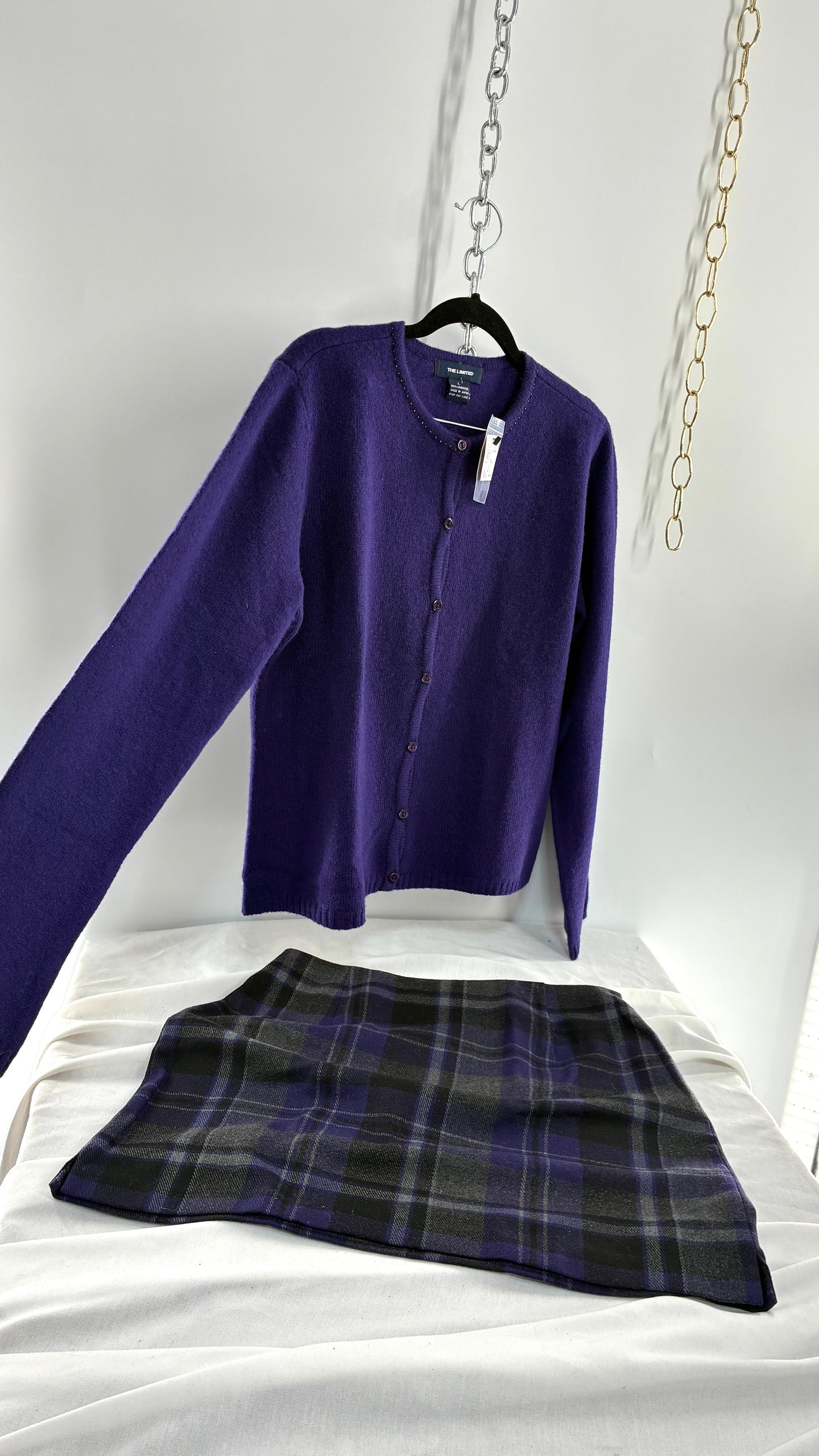 Deadstock Vintage THE LIMITED Japanese 100% Lambswool Purple Cardigan and Plaid Mini Skirt Set (L,10)