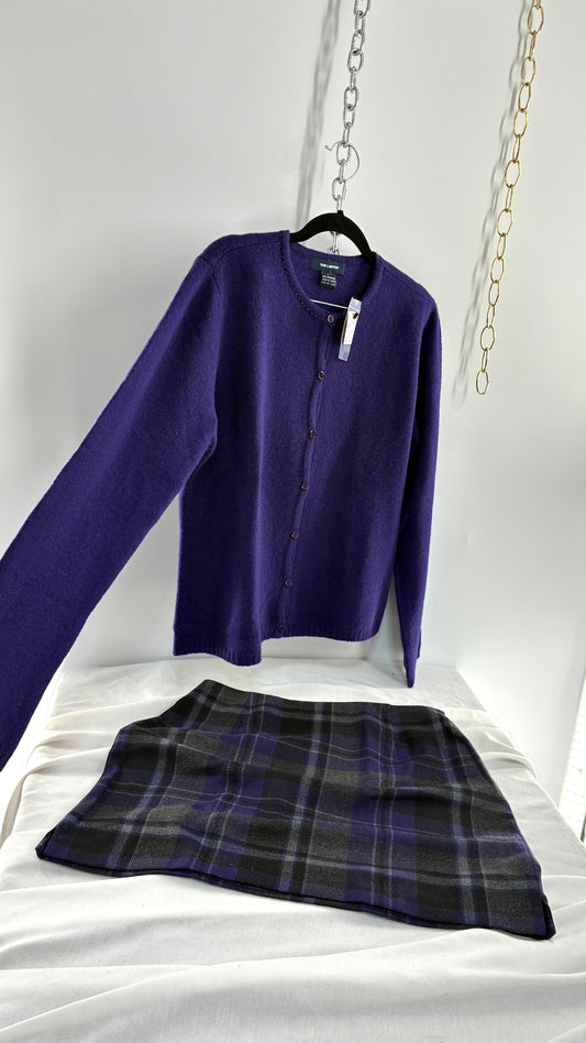Deadstock Vintage THE LIMITED Japanese 100% Lambswool Purple Cardigan and Plaid Mini Skirt Set (L,10)