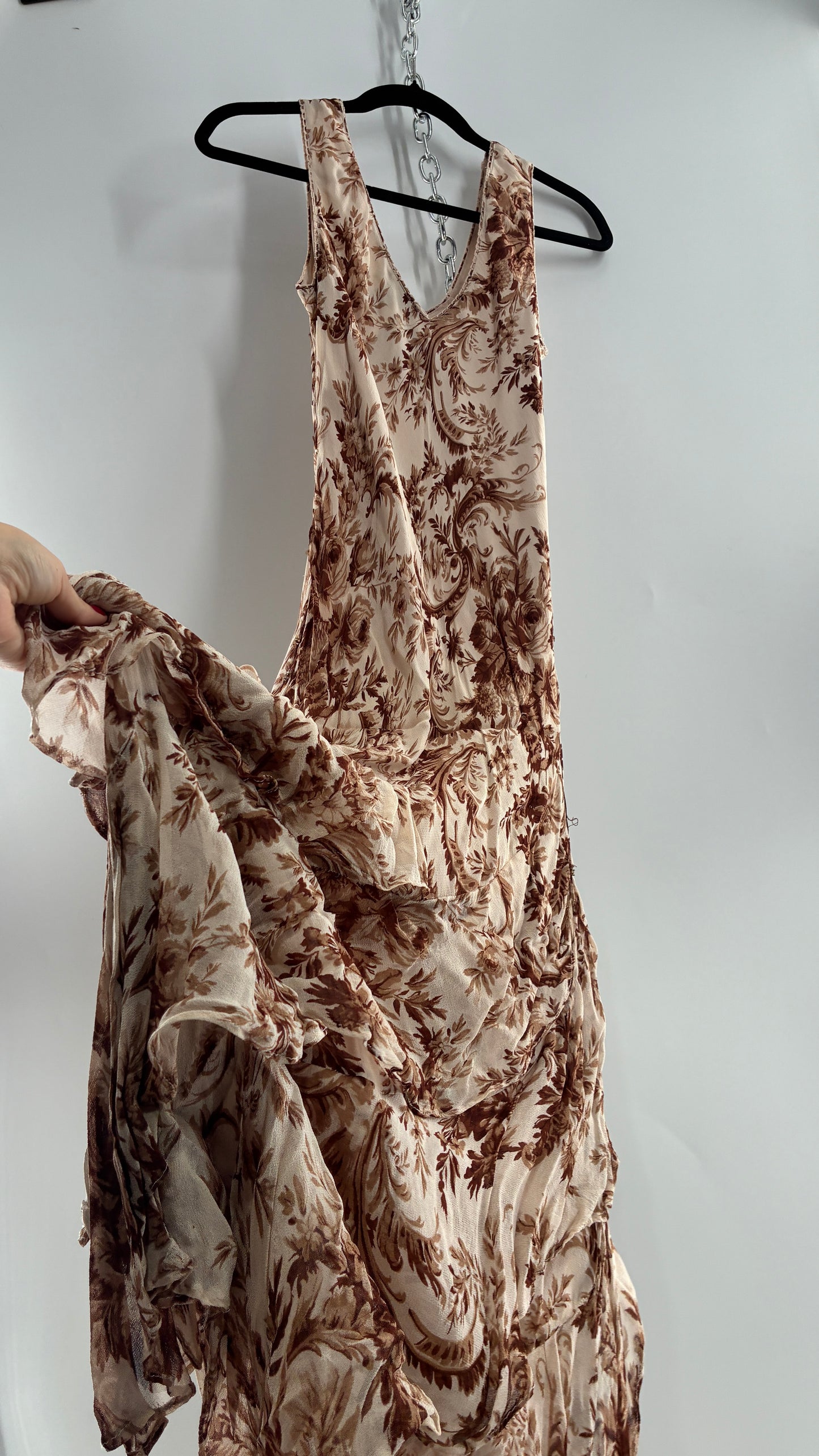 Vintage MAJICK 1990s Brown Floral, Asymmetric Ruffled Hem Gown with Embroidered Sequin Details (Medium)
