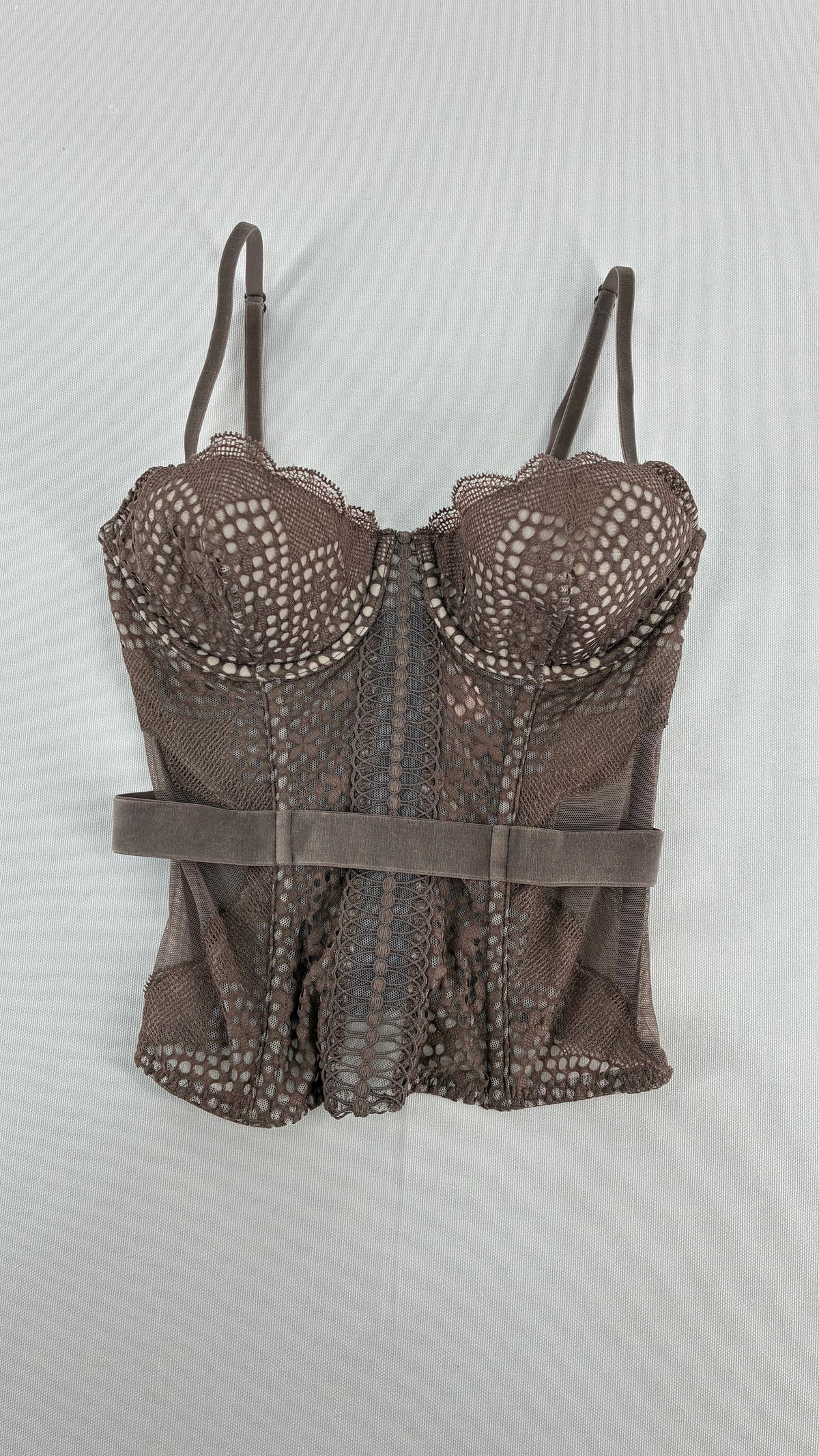 Vintage VICTORIA’S SECRET Taupe Lace Corset with Velour Belting and Tags Attached (32C)