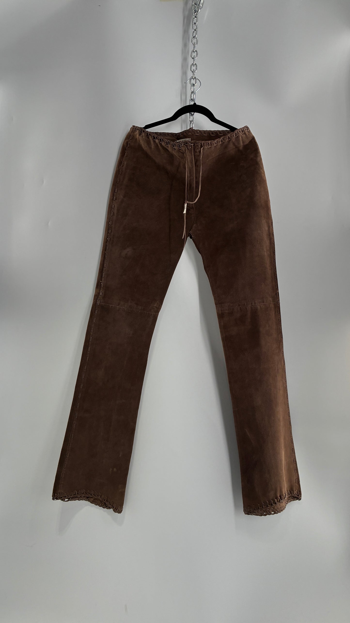 Vintage SWEET ROMEO Suede Leather Stitch Side, Braided Hem Pants (10)