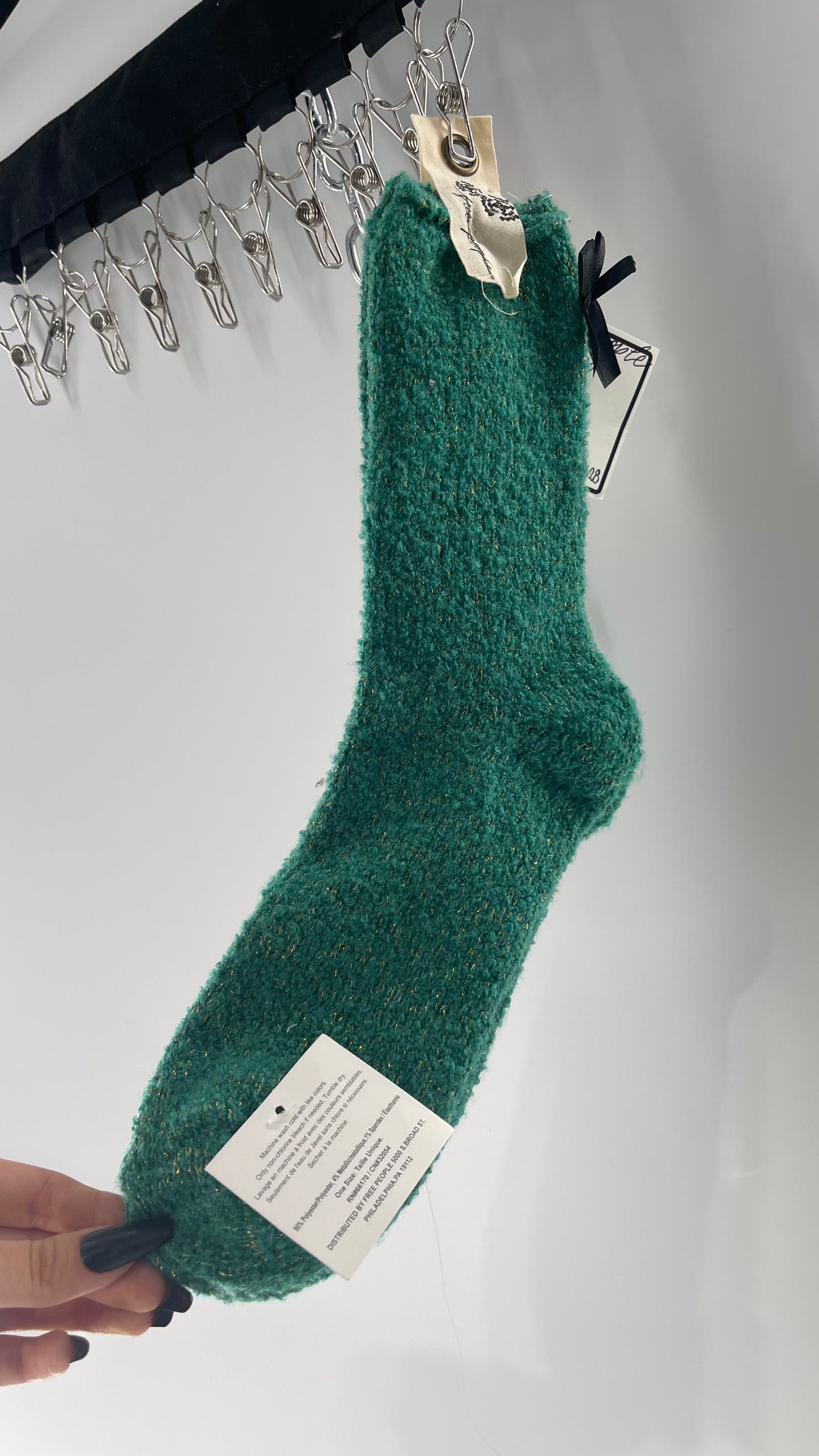 Free People Festive Green Socks with Gold Tinsel and Black Satin Bow Detail