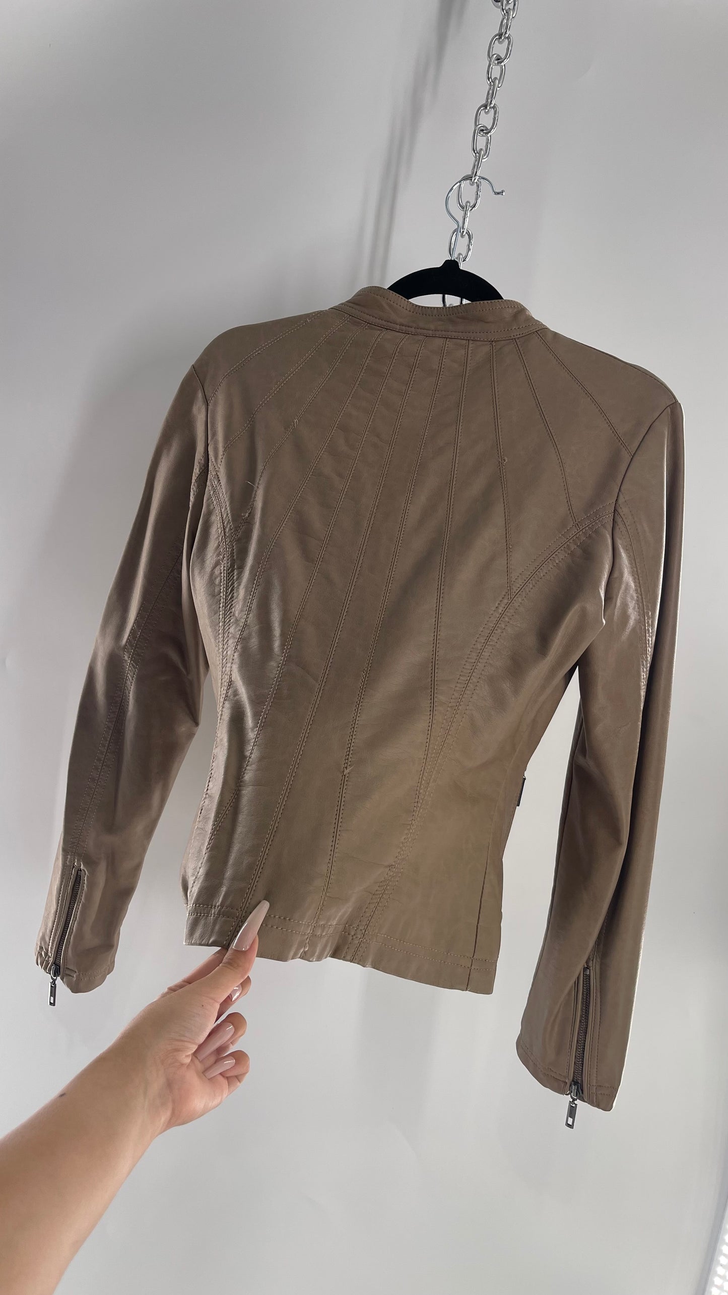 Vintage Tan Vegan Leather Biker Motorcycle Jacket (M)