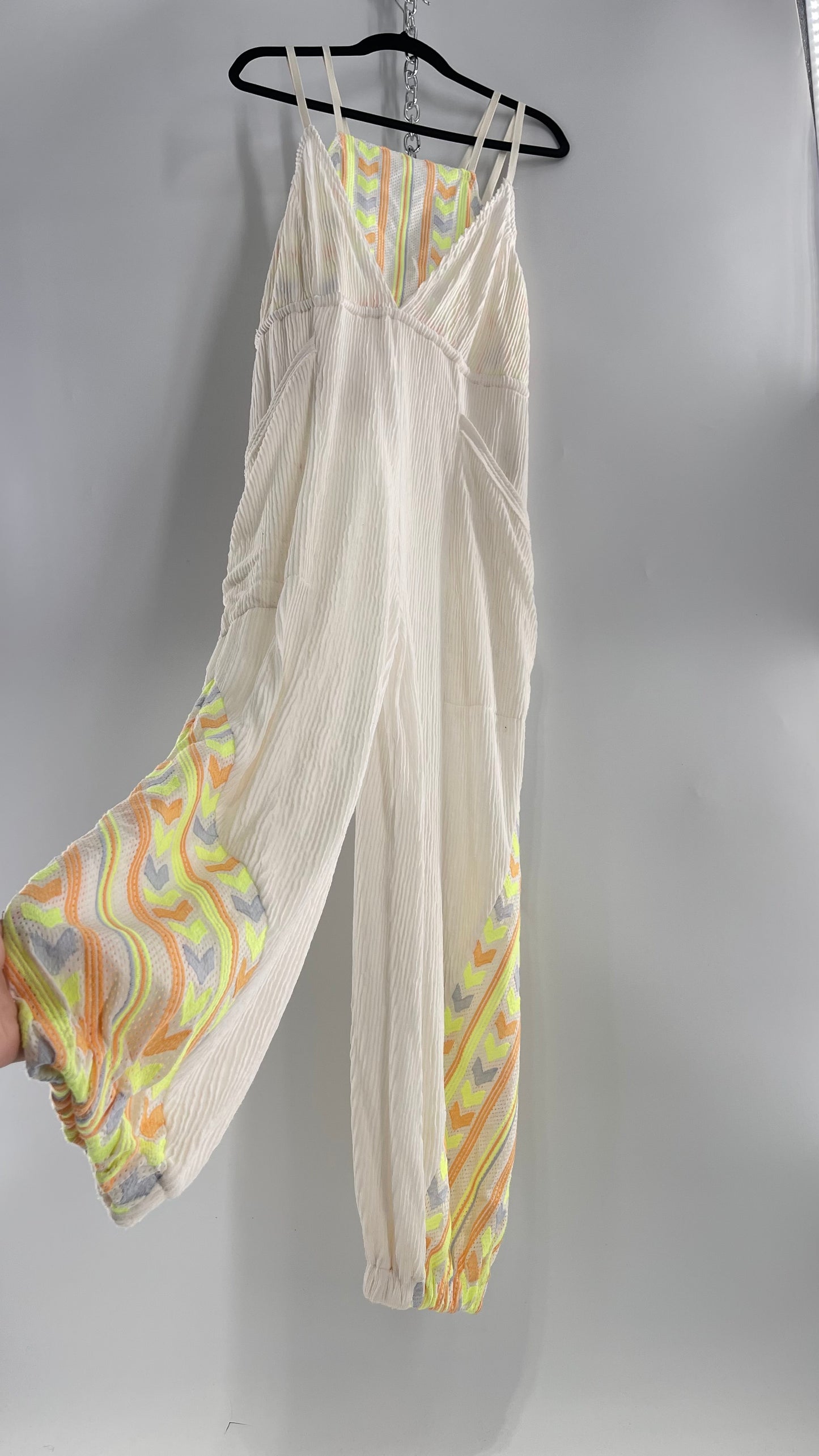 Free People Movement Cream Ribbed Jumpsuit with Yellow/Orange Embroidered Details and Waist Cinching Drawstring (Small)