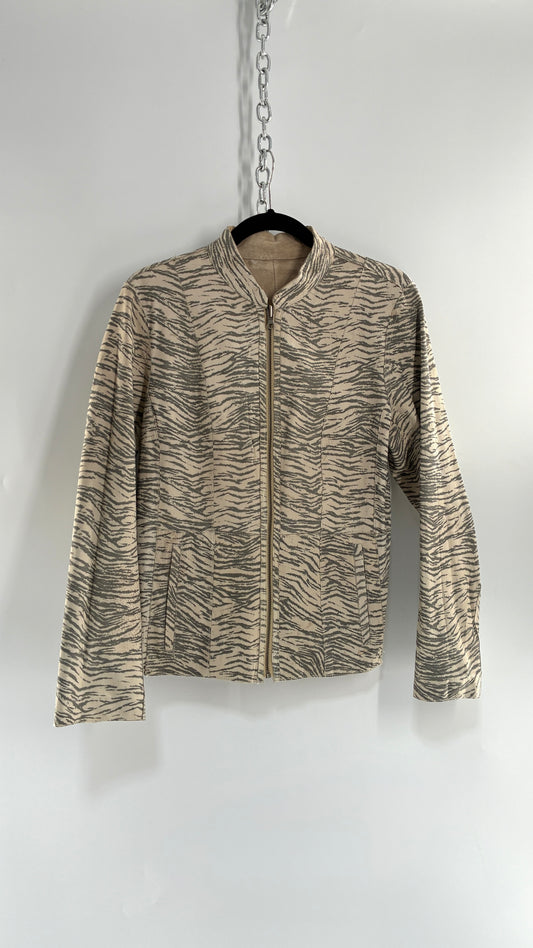 Vintage Reversible Thin Genuine Suede Leather Zip Up Jacket Beige/Zebra (Medium)