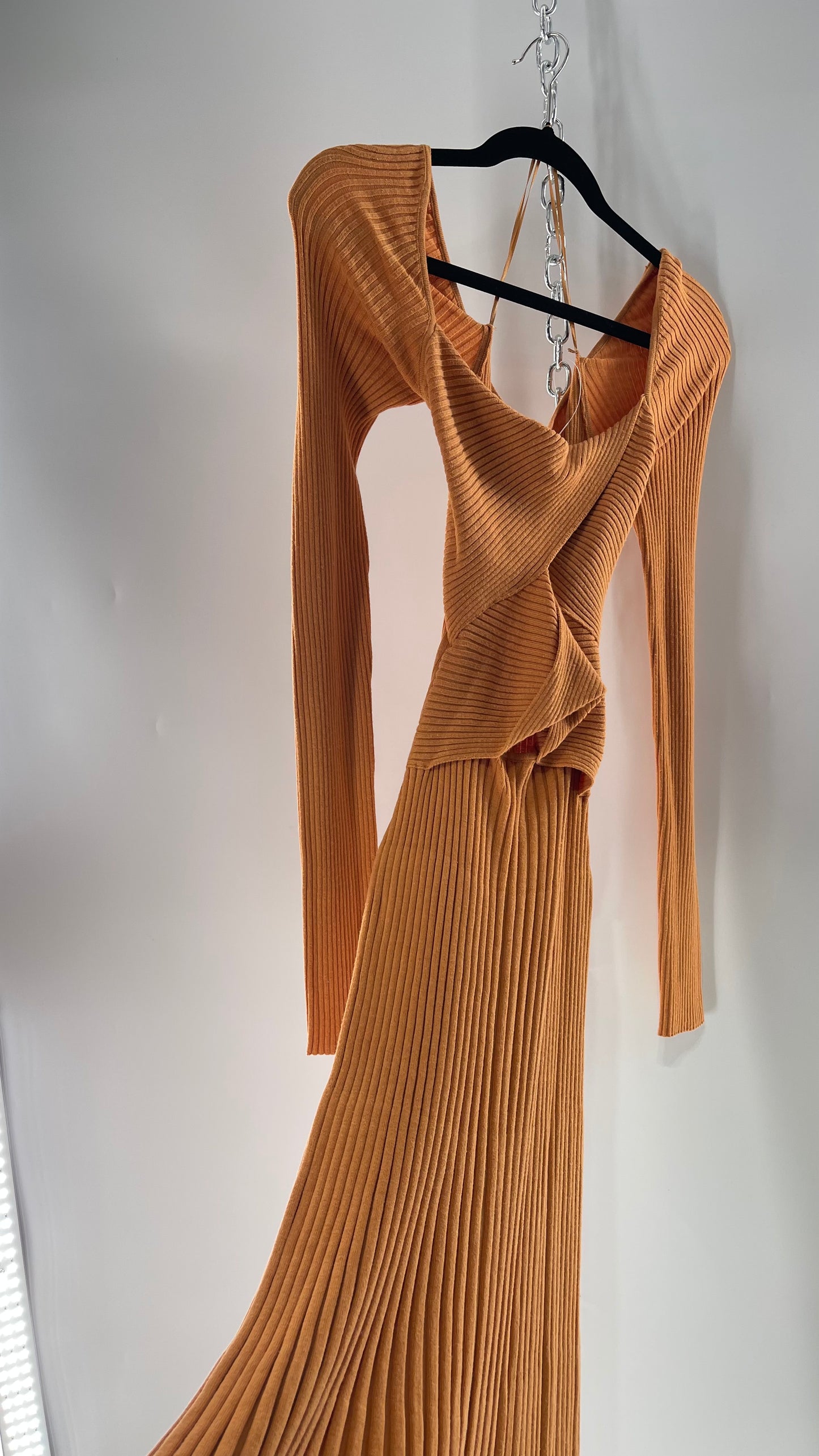 Free People Orange Knit Maxi Dress with Bandage Bust and Exposed Cut Out Midriff (Medium)