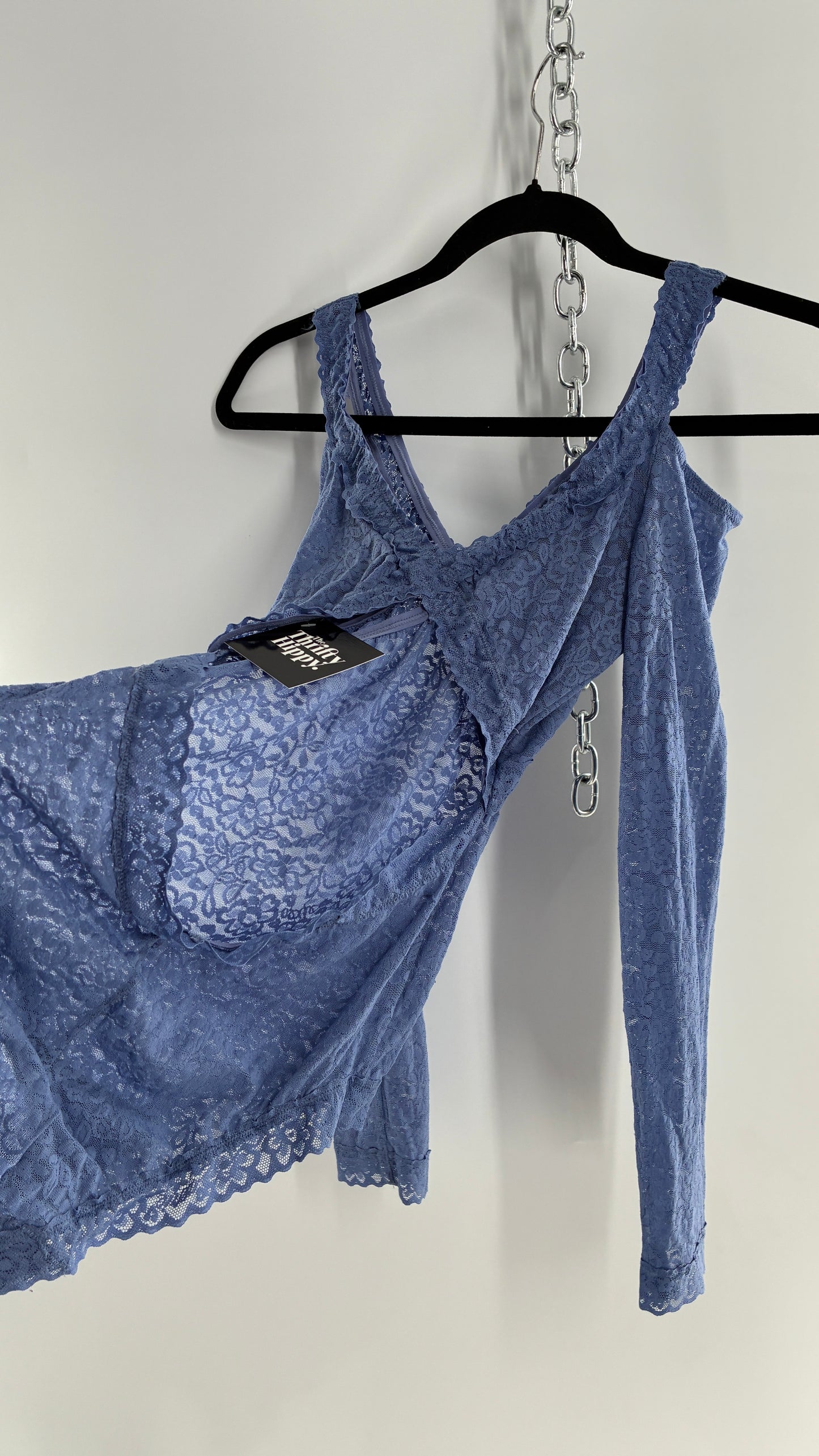 AERIE Periwinkle Blue Long Sleeve Cold Shoulder Open Back Lace Bodysuit (Large)