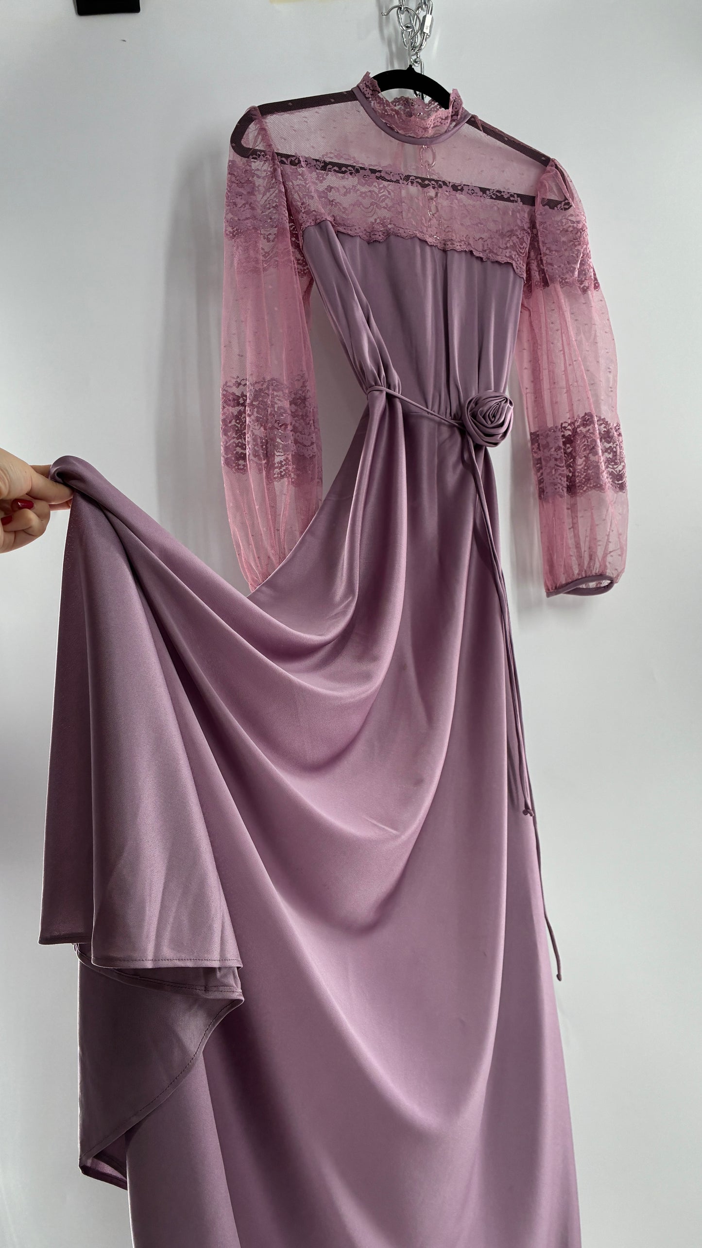 Vintage Handmade Dusty Purple Mauve Bubble Sleeve Maxi Dress (XS/S)